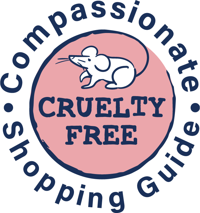 A pink and navy logo promoting cruelty free Compassionate Shopping Guide.