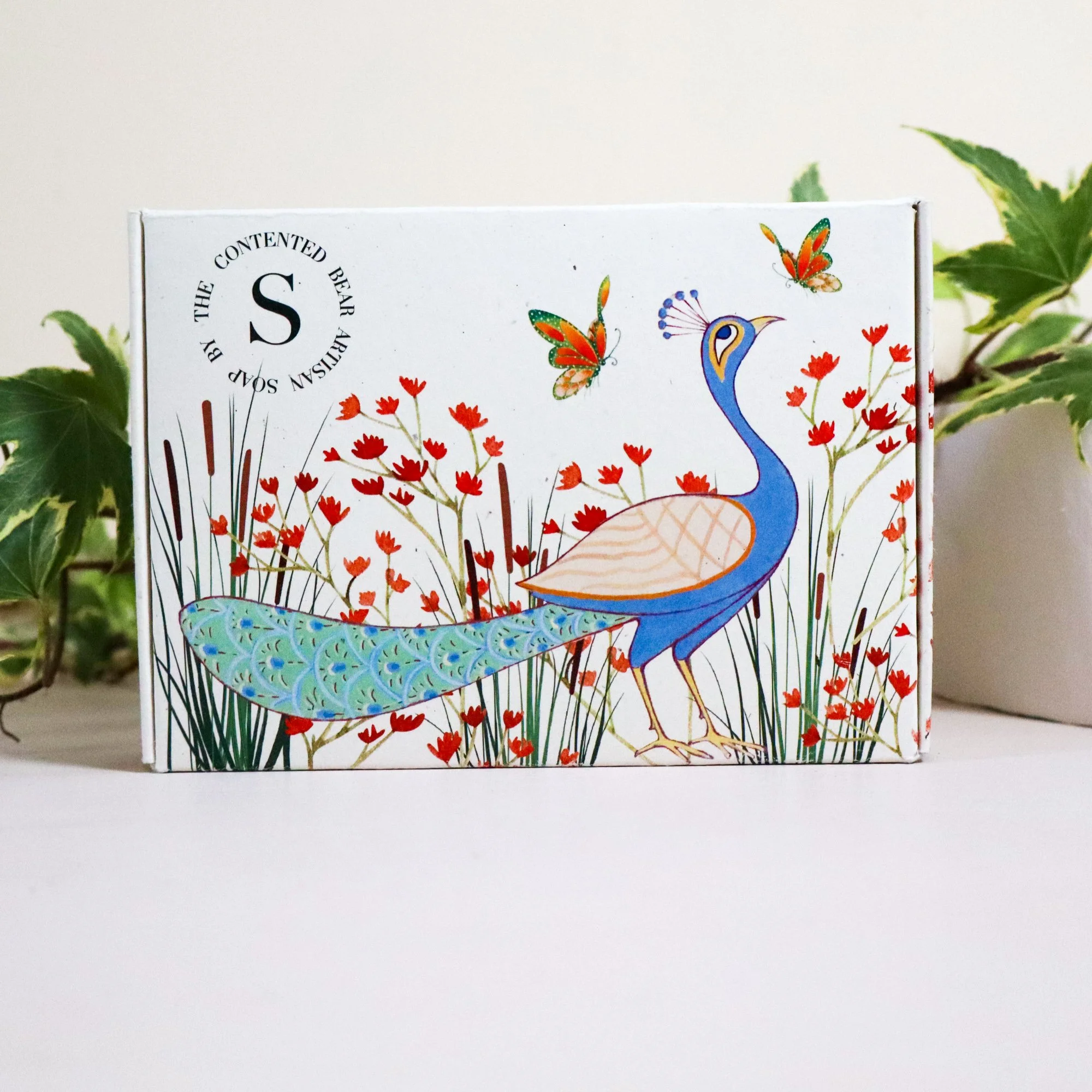 Illustrated, recycled soap box standing featuring a hand drawn peacock and with ivy to the left and foliage to the right.