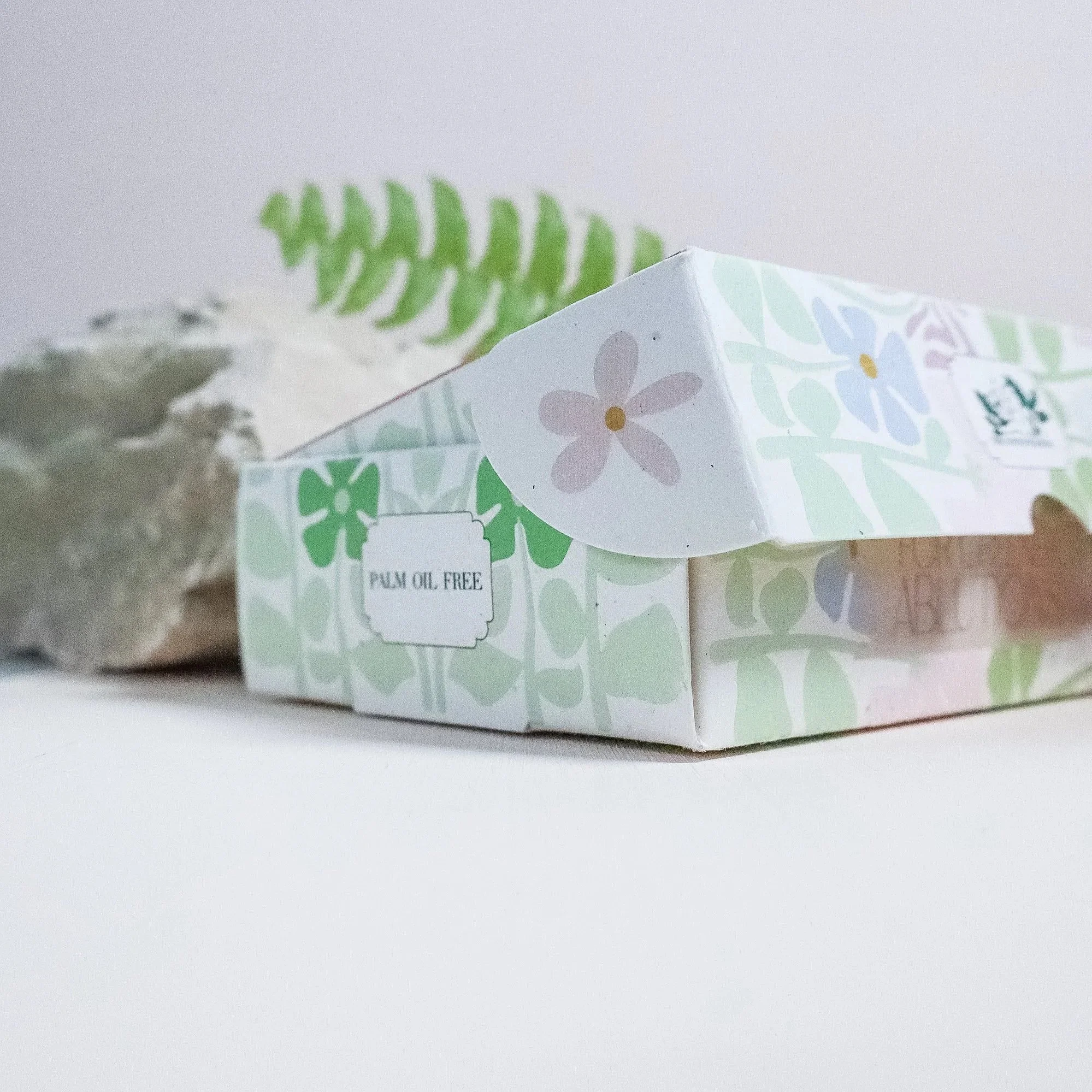 Illustrated pastel coloured soap box made from recycled paper with a fern leaf and natural stone.