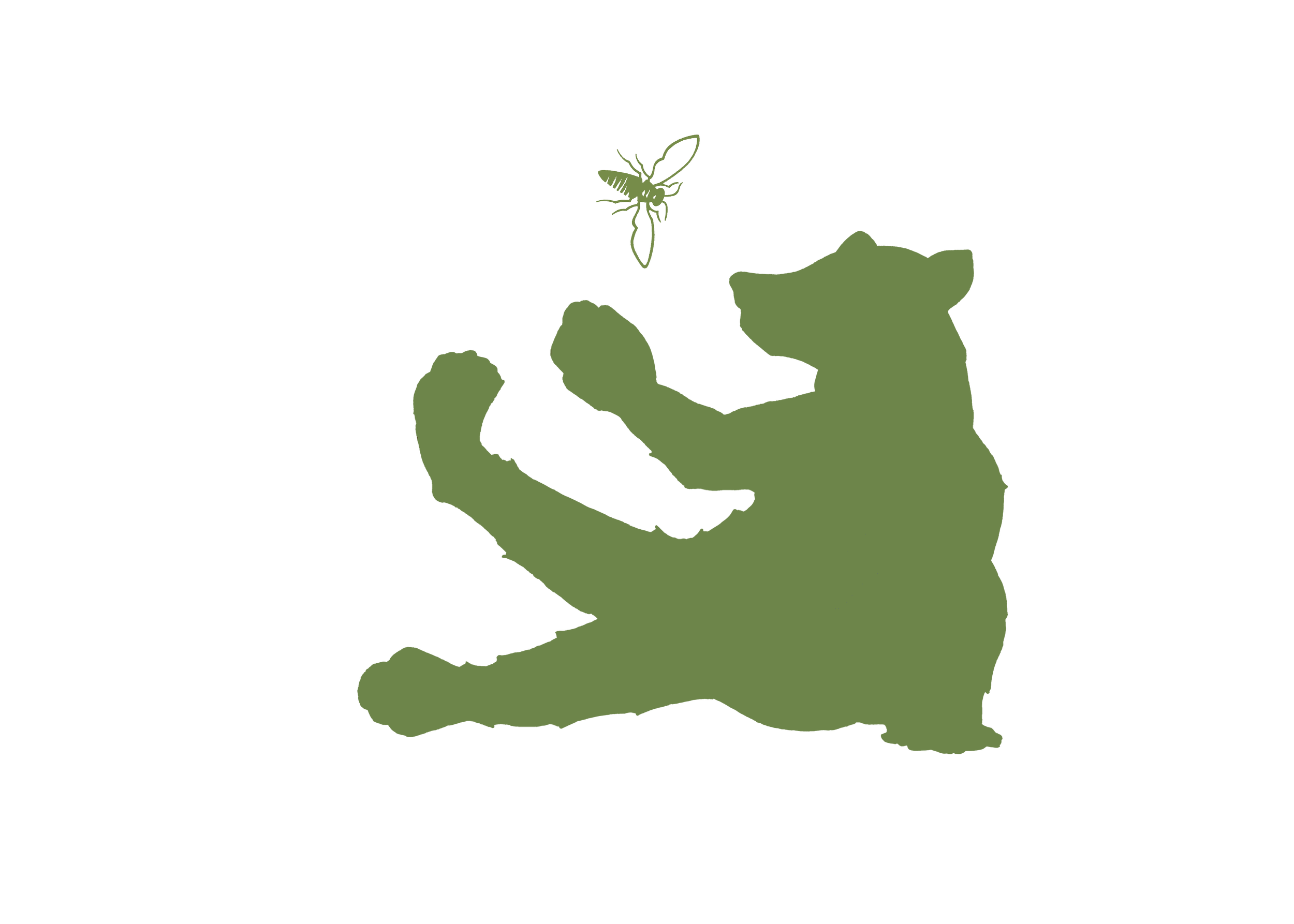 An olive green hand drawn bear and bee.