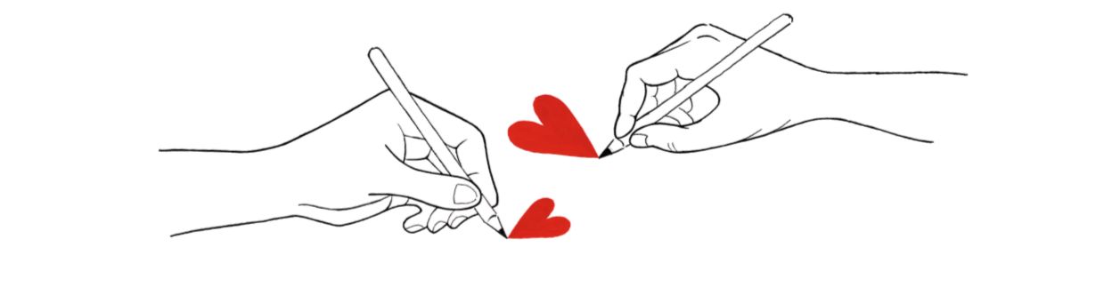 Two hand drawn hands holding pencils drawing red hearts.