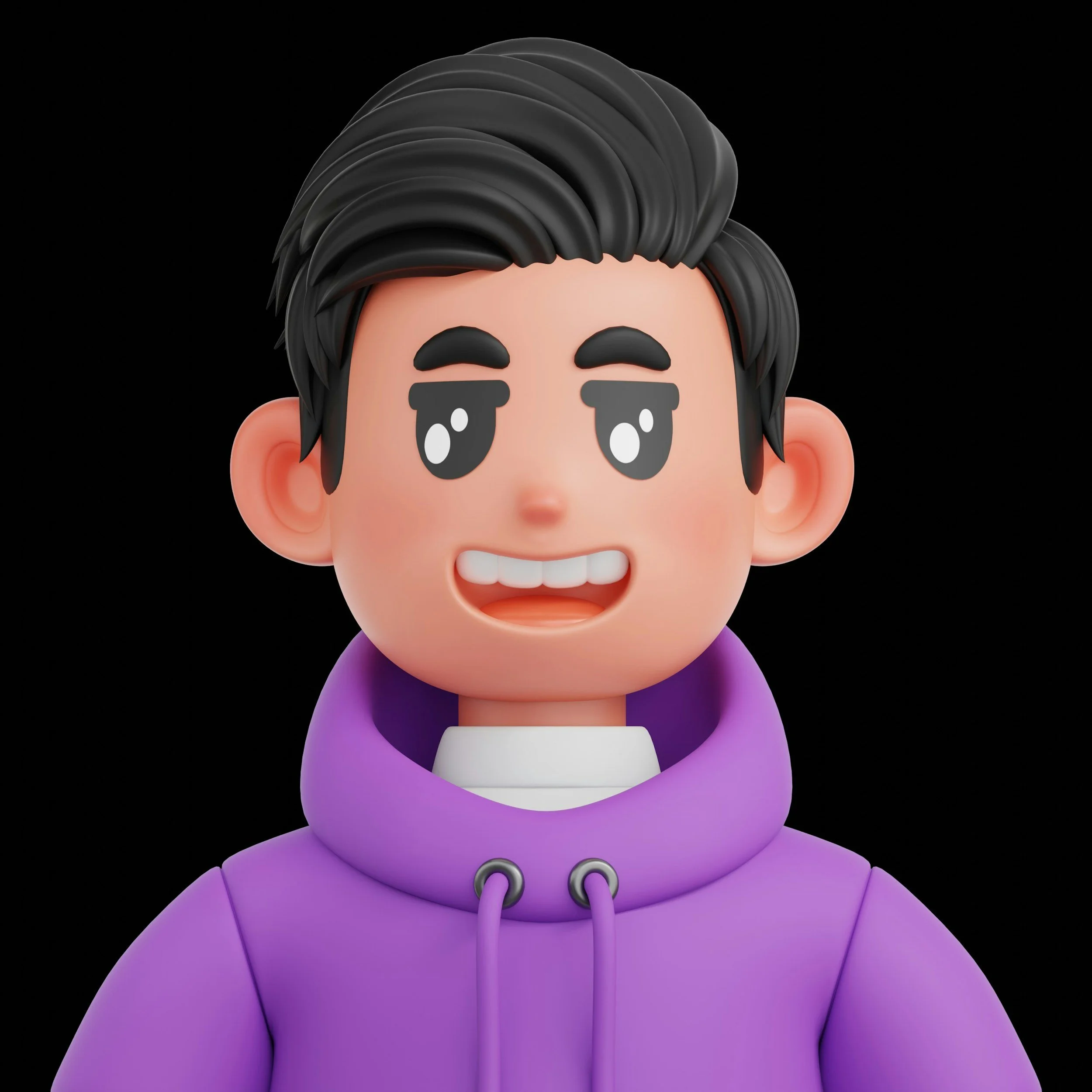 3D animated cartoon boy with black hair and a purple hoodie, smiling with open mouth, on a black background.