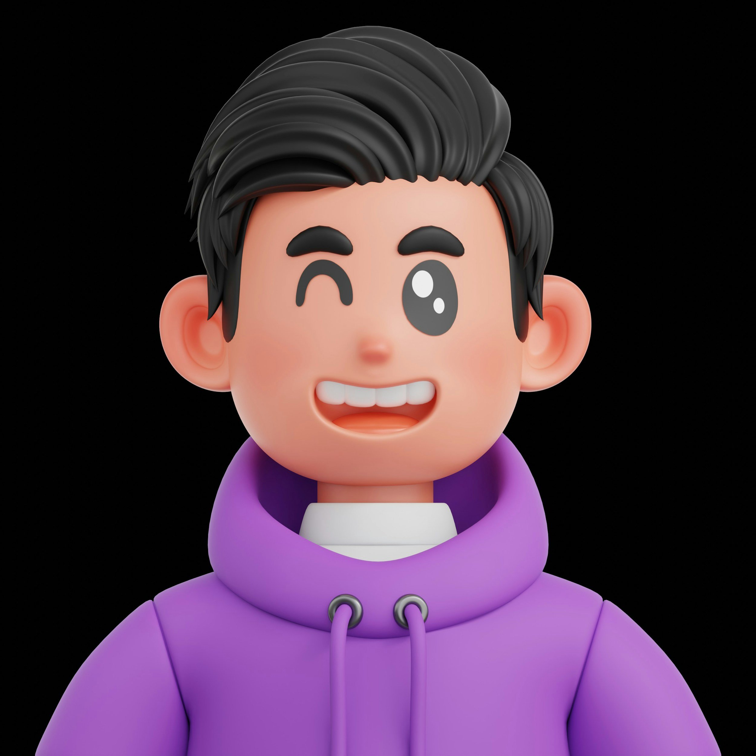 Cartoon of a smiling young boy with black hair, one eye closed, wearing a purple hoodie against a black background.