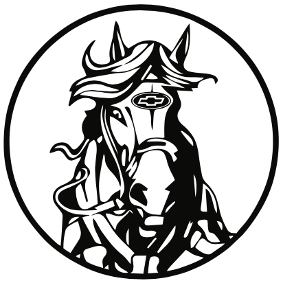 A black and white logo featuring a stylized horse head with flowing mane within a circle, with a Chevrolet emblem on the forehead.