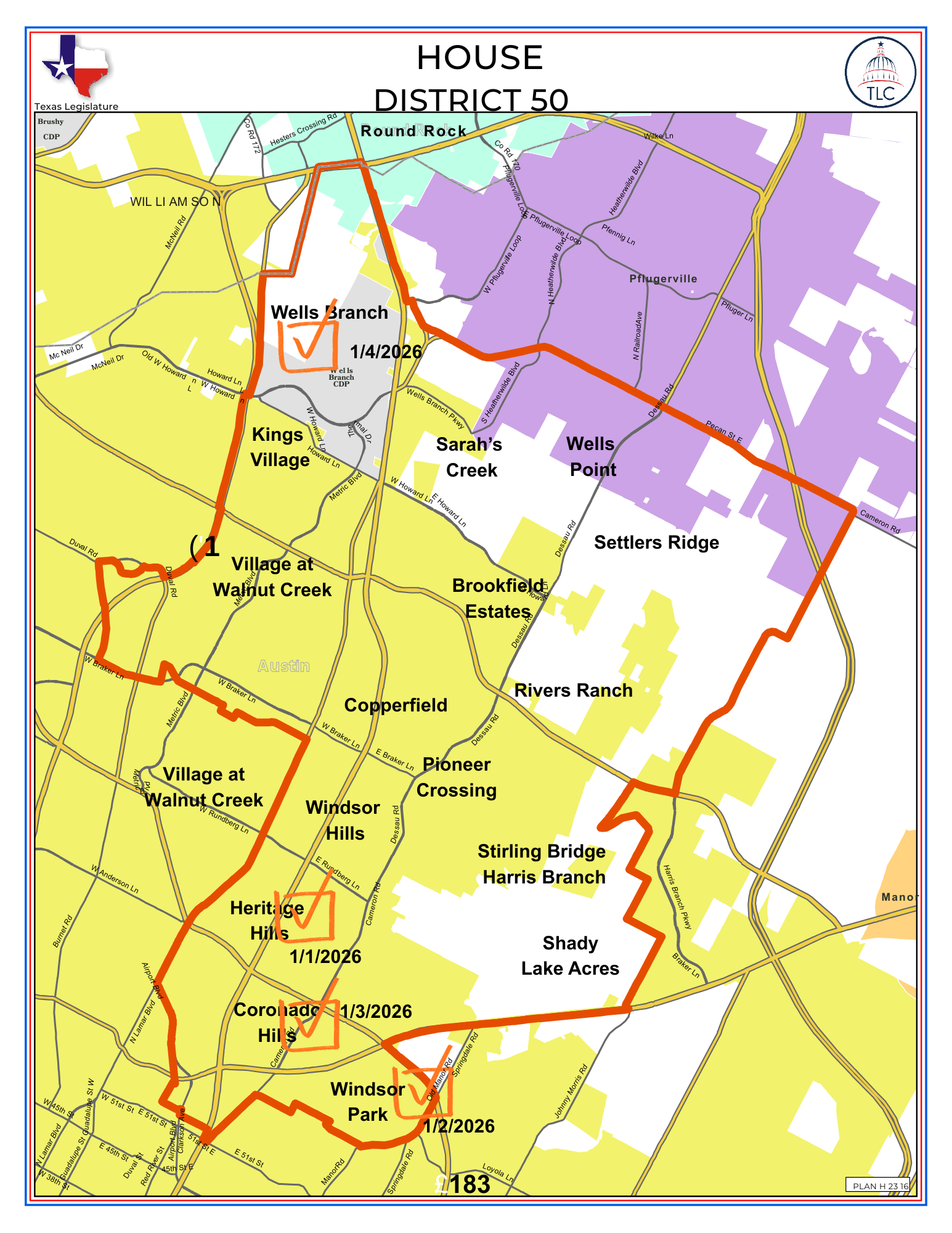Map of House District 50 in Texas showing voting districts, streets, neighborhoods, and election dates, with marked boundaries and labels for various areas. William Rannefeld