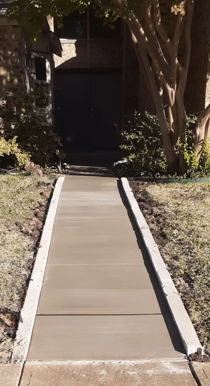 A freshly paved concrete sidewalk leading to a dark gate, flanked by small plants and trees in a residential yard.