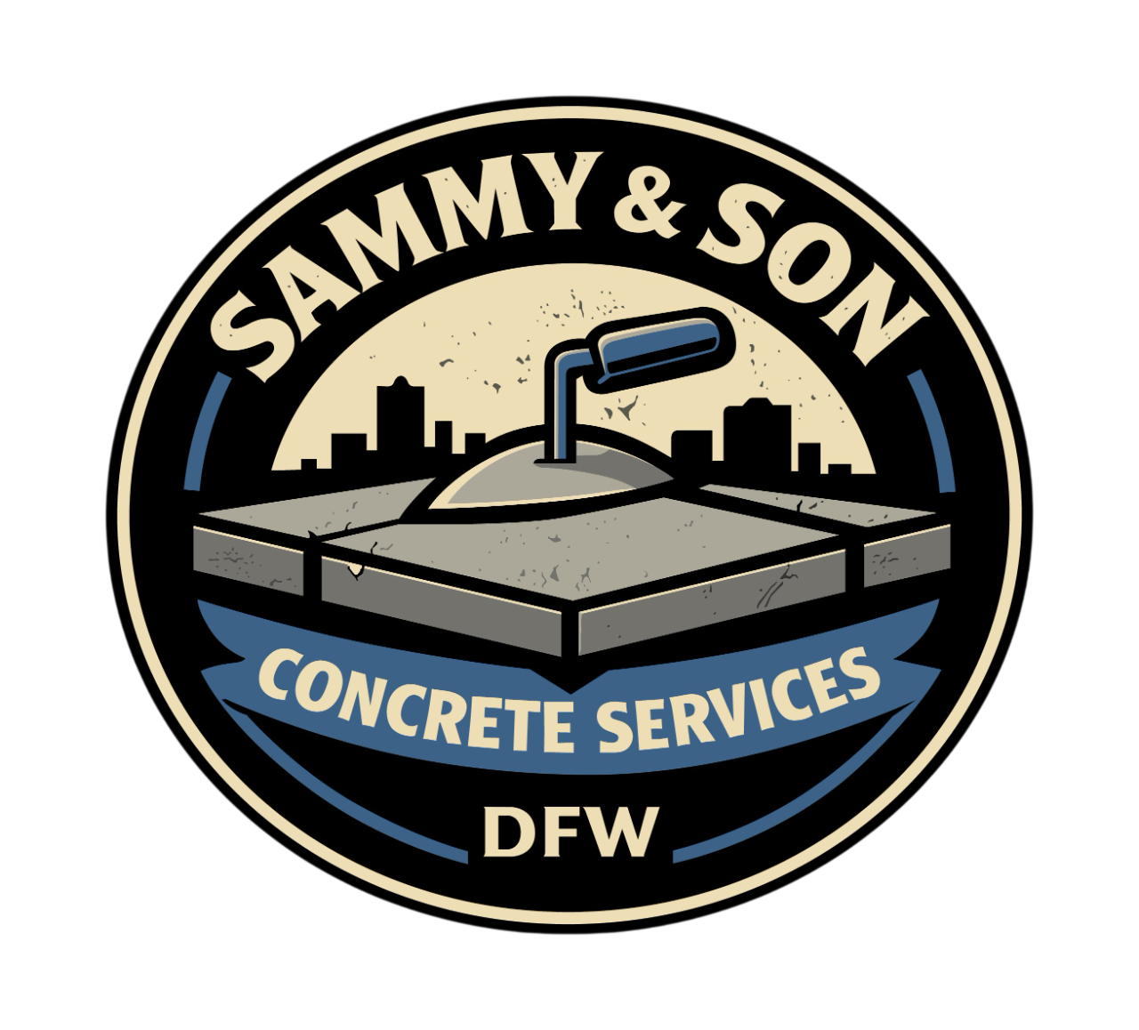 Logo for Sammy & Son Concrete Services featuring a stylized concrete slab with a trowel, city skyline in the background, and text indicating Dallas-Fort Worth area.