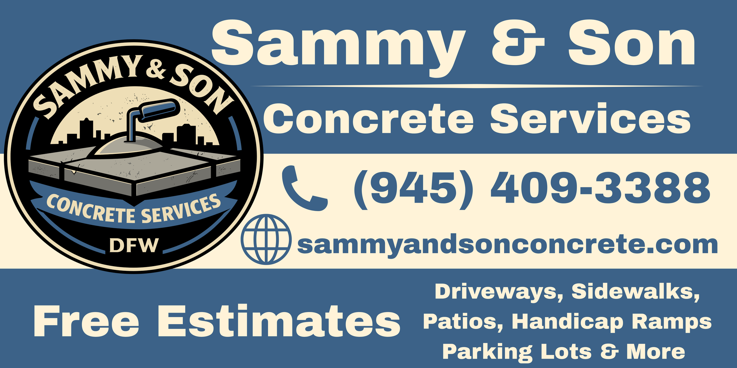 Business card for Sammy & Son Concrete Services featuring a logo with a city skyline and concrete slab, phone number (945) 409-3388, website sammyandsonconcrete.com, and services like driveways, sidewalks, patios, handicap ramps, parking lots, and more, with free estimates.