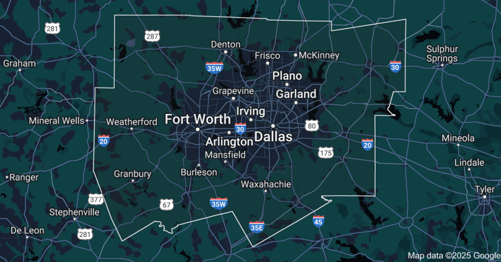 Map of the Dallas-Fort Worth metroplex highlighting major cities and highways in North Texas.