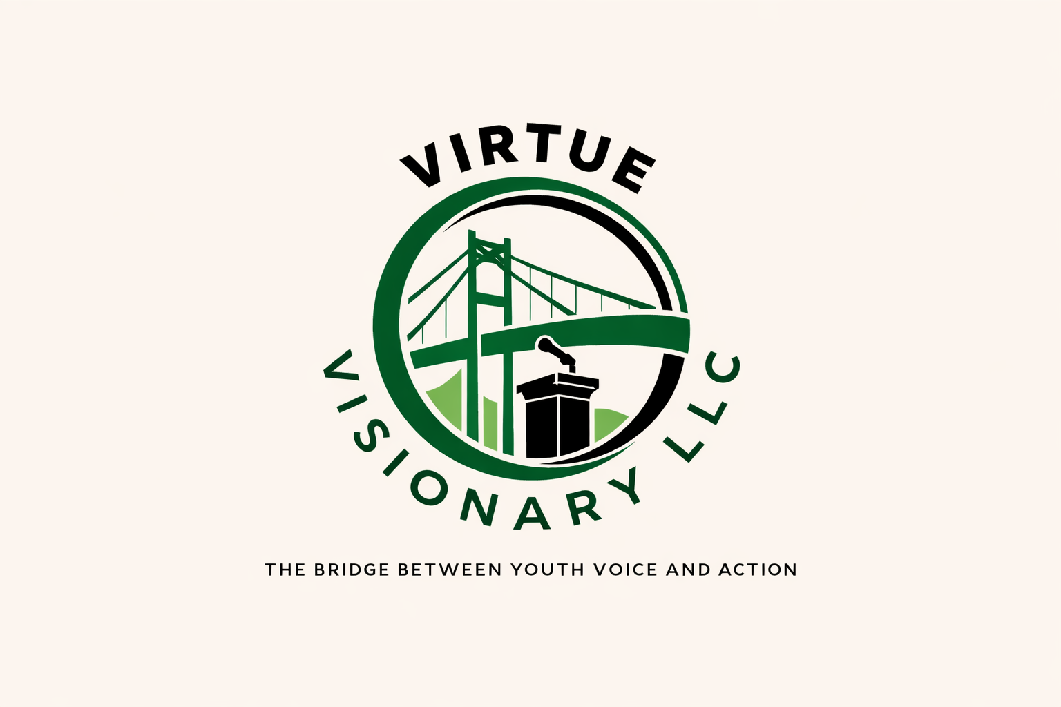 Logo of Virtue Visionary LLC featuring a bridge, a microphone on a podium, and the text 'Virtue Visionary LLC' and 'The bridge between youth voice and action'.