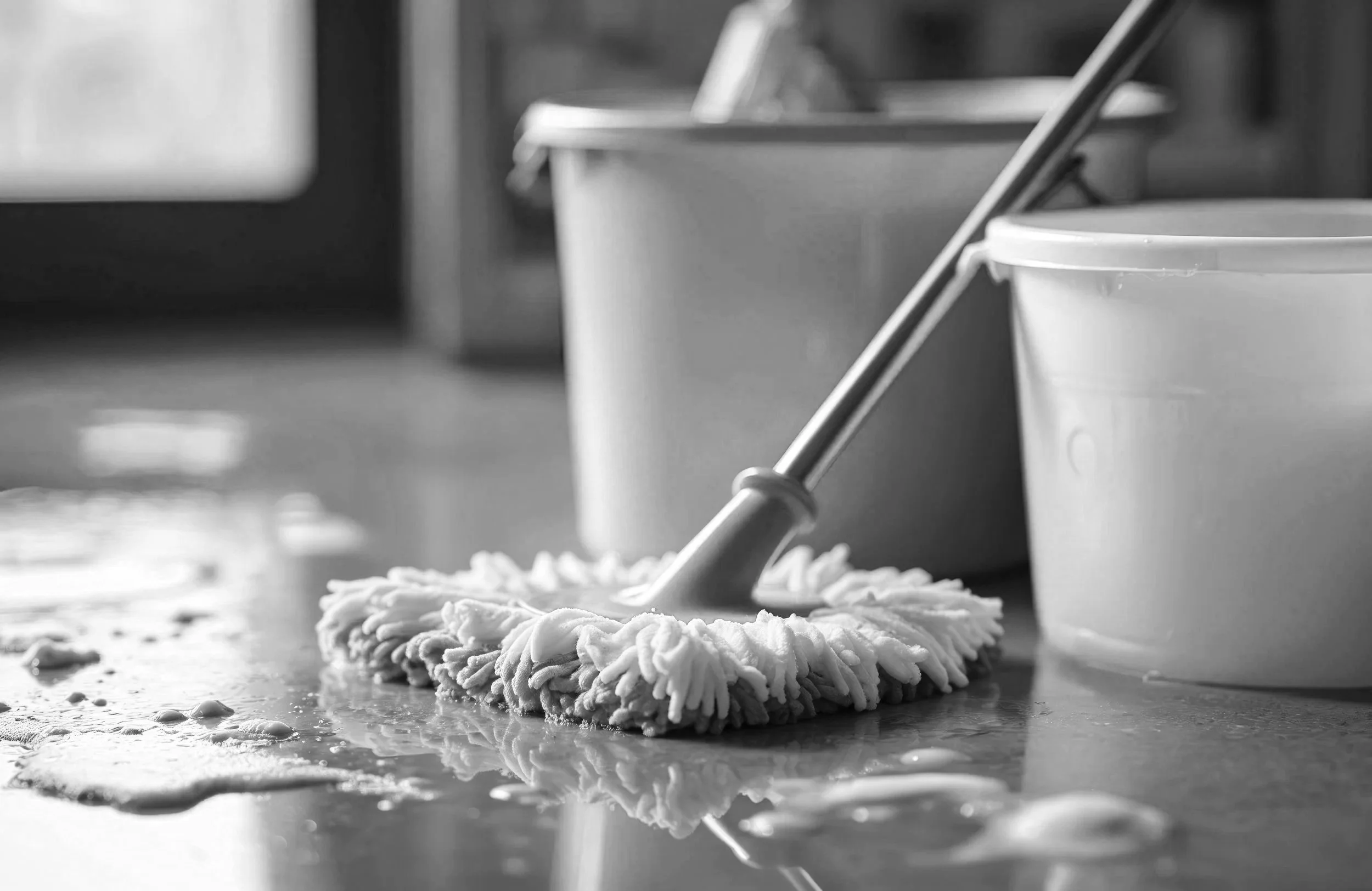 Cleaning mop with dirty water on a kitchen countertop, with buckets in the background.