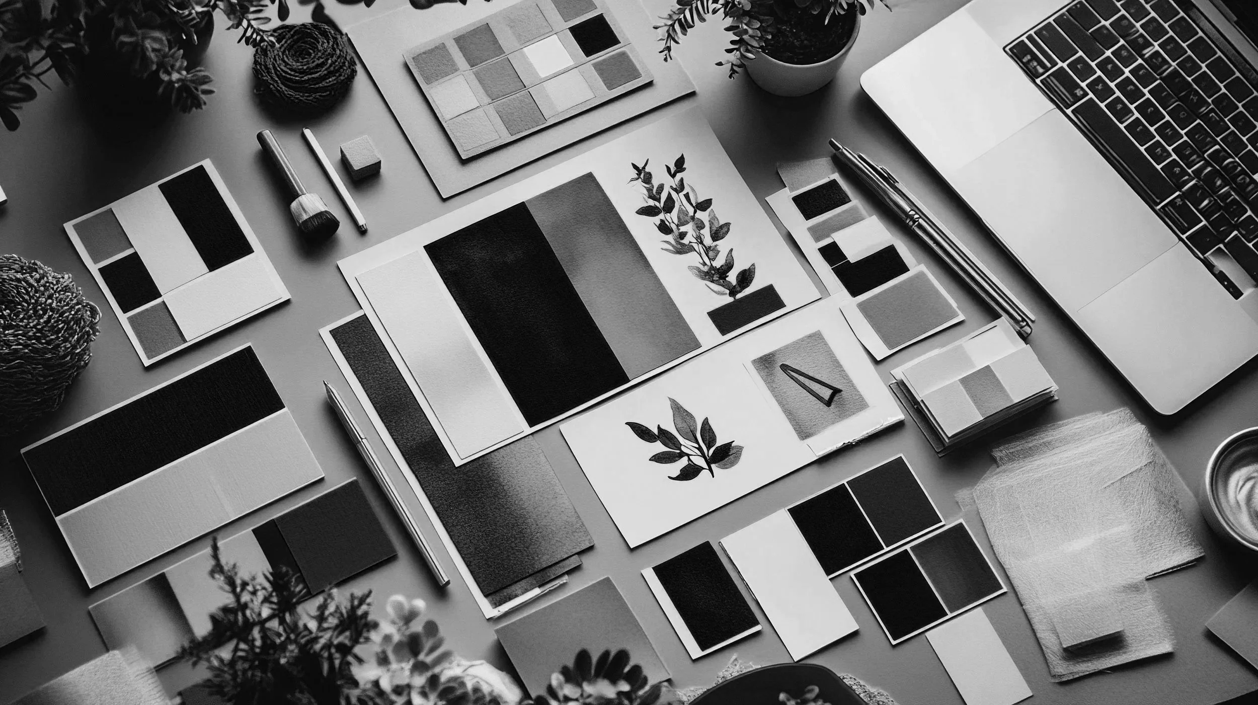 A workspace with paint swatches, color samples, and design materials, including a laptop, pens, small potted plants, and fabric swatches on a table in black and white.