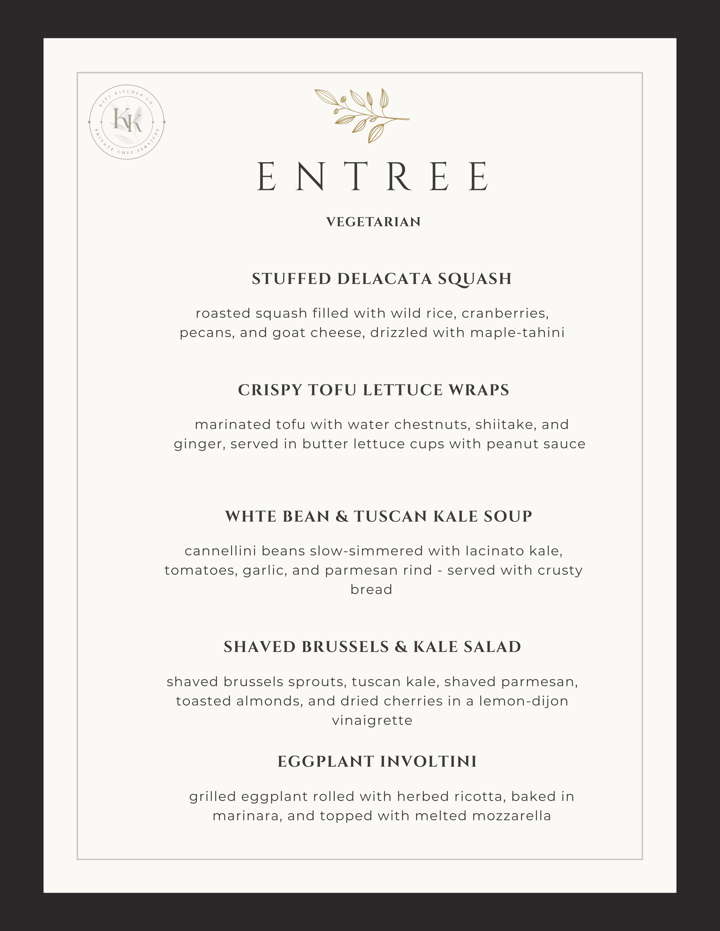 Vegetarian menu with five dishes including stuffed delacata squash, crispy tofu lettuce wraps, white bean and Tuscan kale soup, shaved Brussels and kale salad, and eggplant involtini