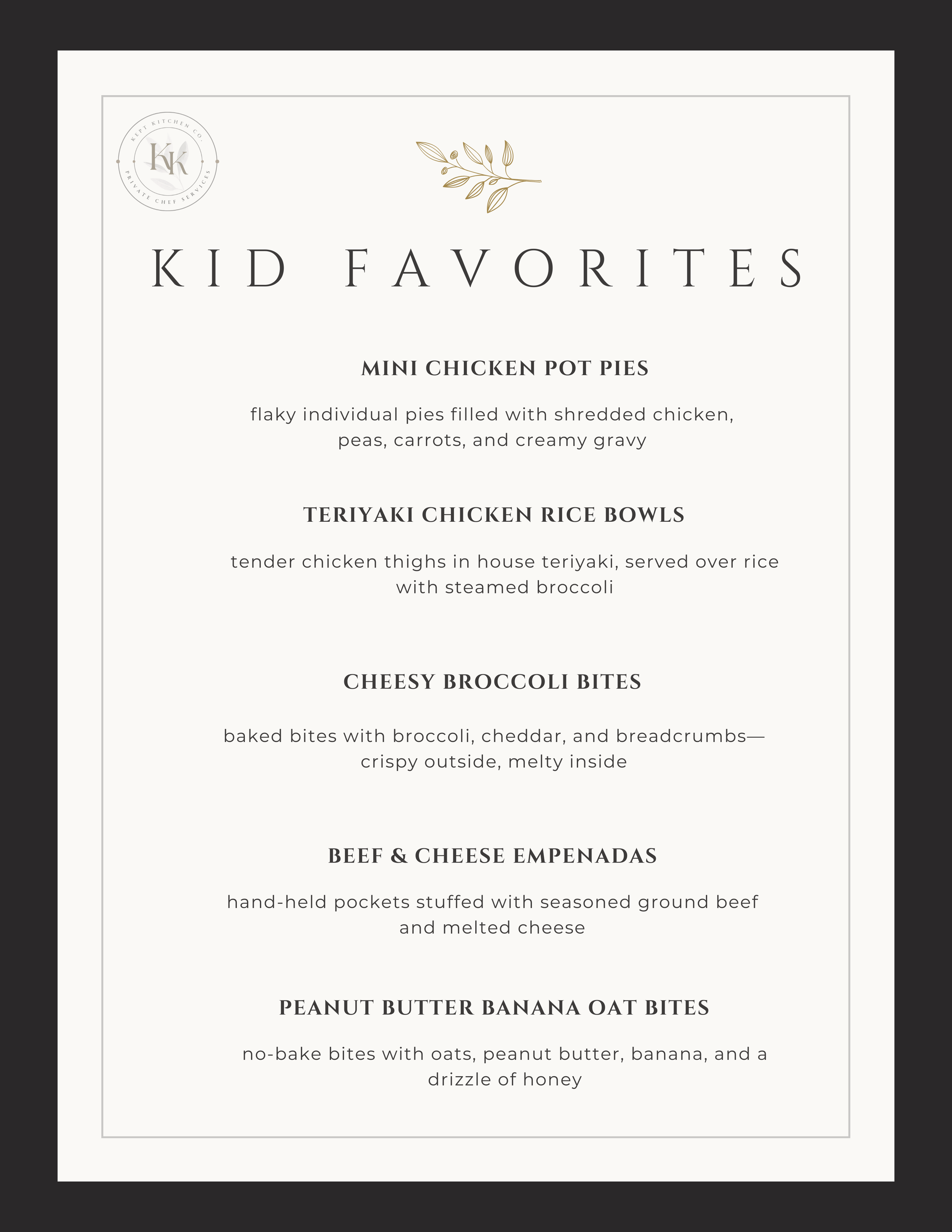 Kids' menu featuring mini chicken pot pies, teriyaki chicken rice bowls, cheesy broccoli bites, beef and cheese empanadas, and peanut butter banana oat bites.