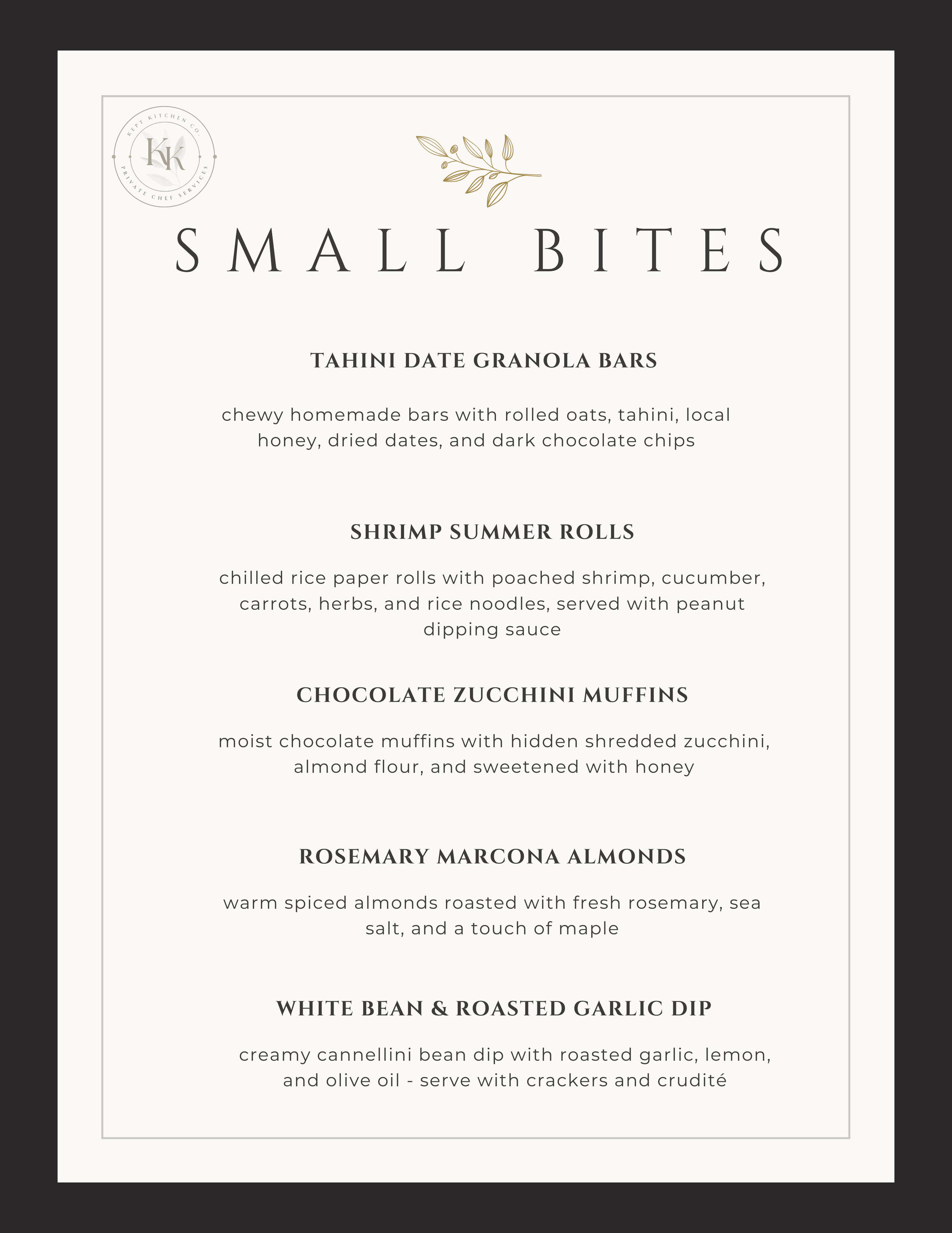 Small Bites menu featuring tahini date granola bars, shrimp summer rolls, chocolate zucchini muffins, rosemary marcona almonds, and white bean & roasted garlic dip.