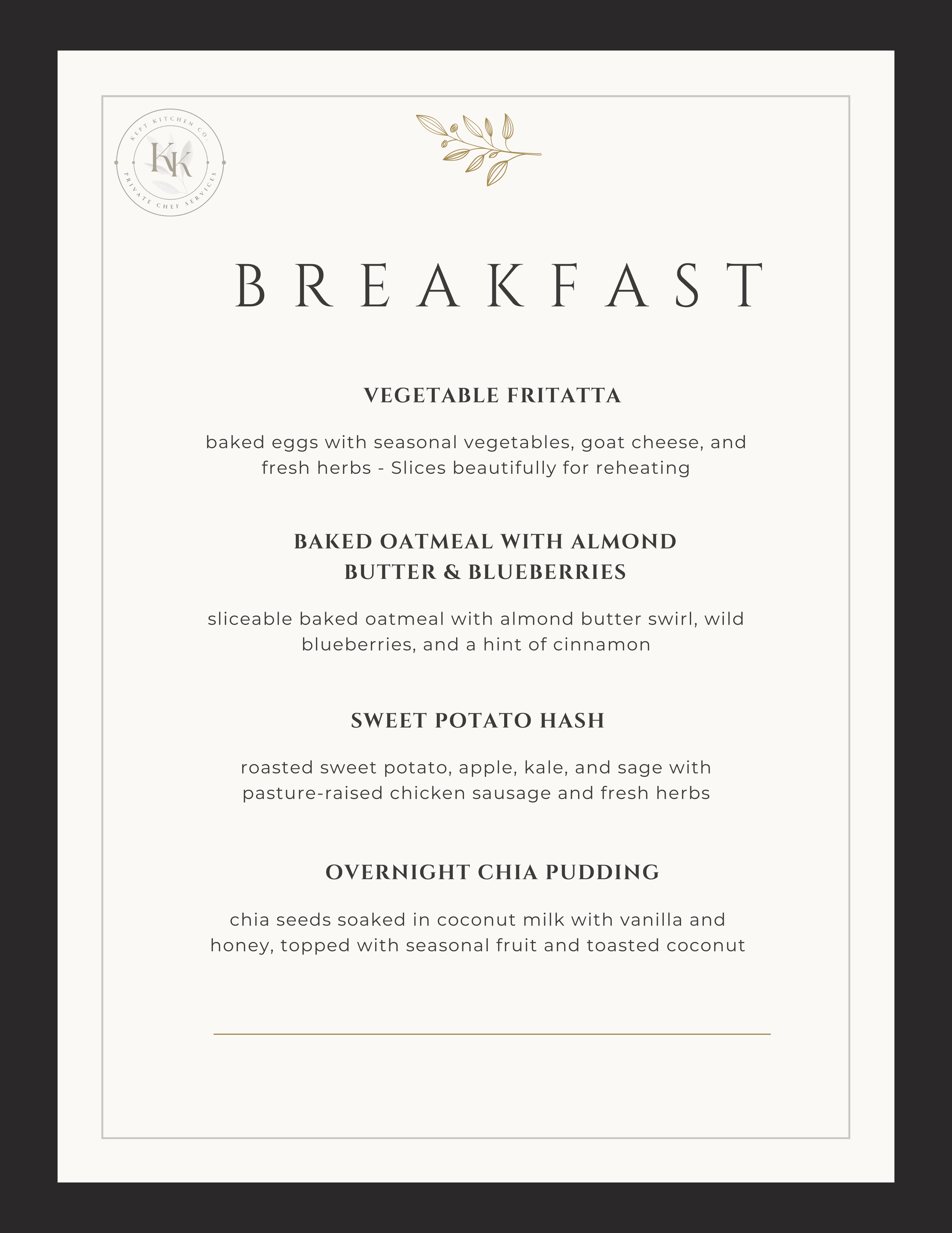 Breakfast menu featuring vegetable frittata, baked oatmeal with almond butter and blueberries, sweet potato hash, and overnight chia pudding.