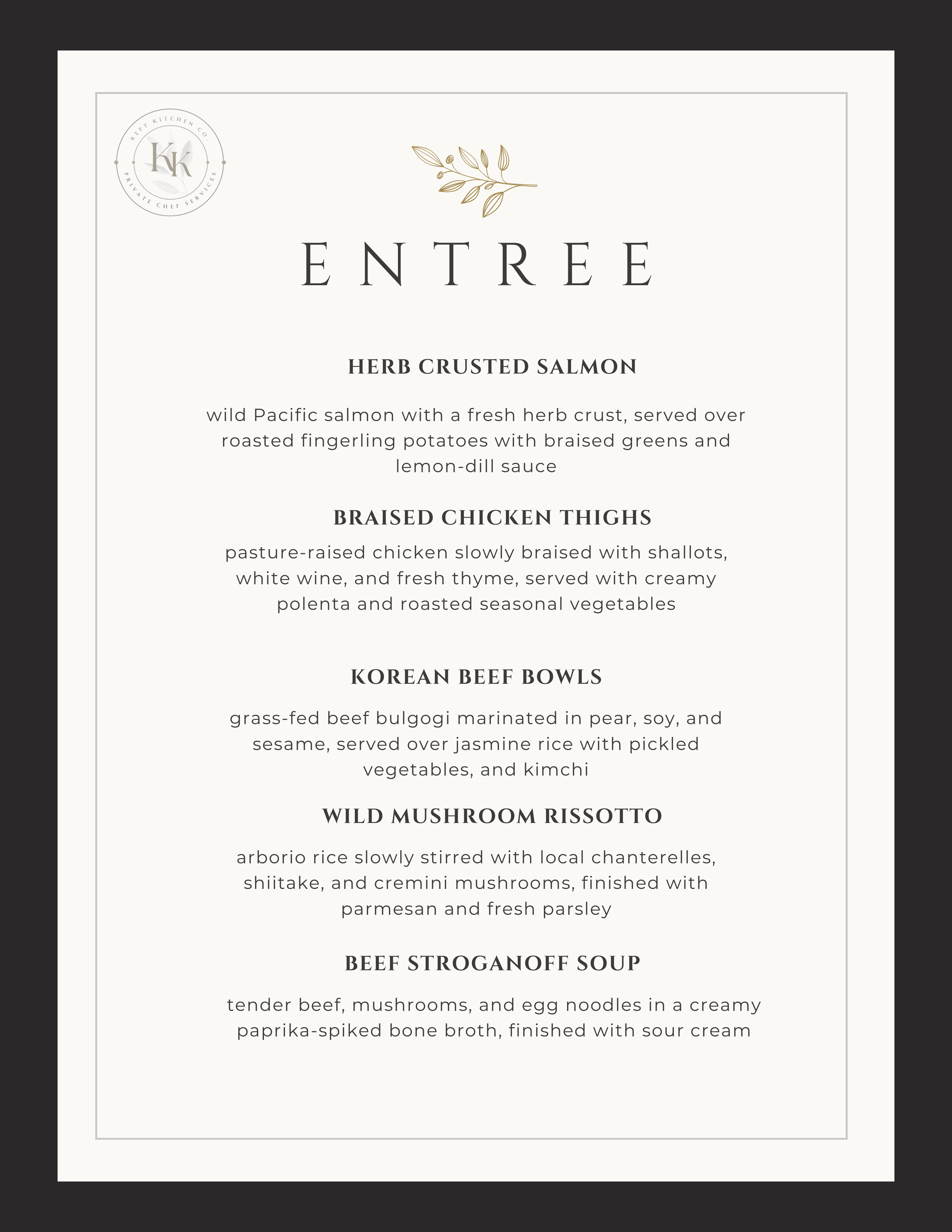 Menu featuring entrees: herb crusted salmon, braised chicken thighs, Korean beef bowls, wild mushroom risotto, and beef stroganoff soup.