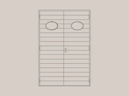 En ritad bild av en grå dörr med två ovala fönster upptill.