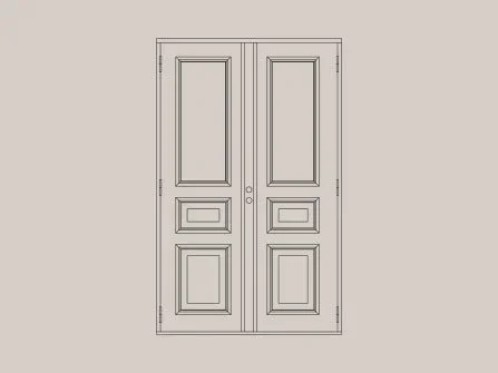 Teknisk ritning av dubbeldörrar med konstanta och detaljerade paneler.