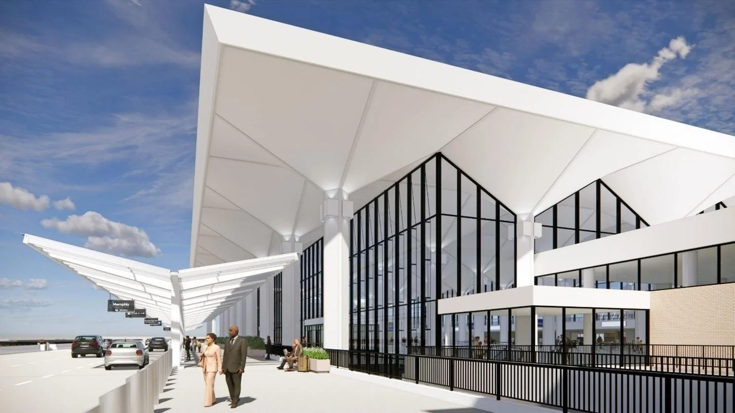 Rendering of a modern airport terminal with a large glass facade, white angular roof, and a covered sidewalk with people walking and sitting, cars parked nearby, and a bright blue sky with scattered clouds.