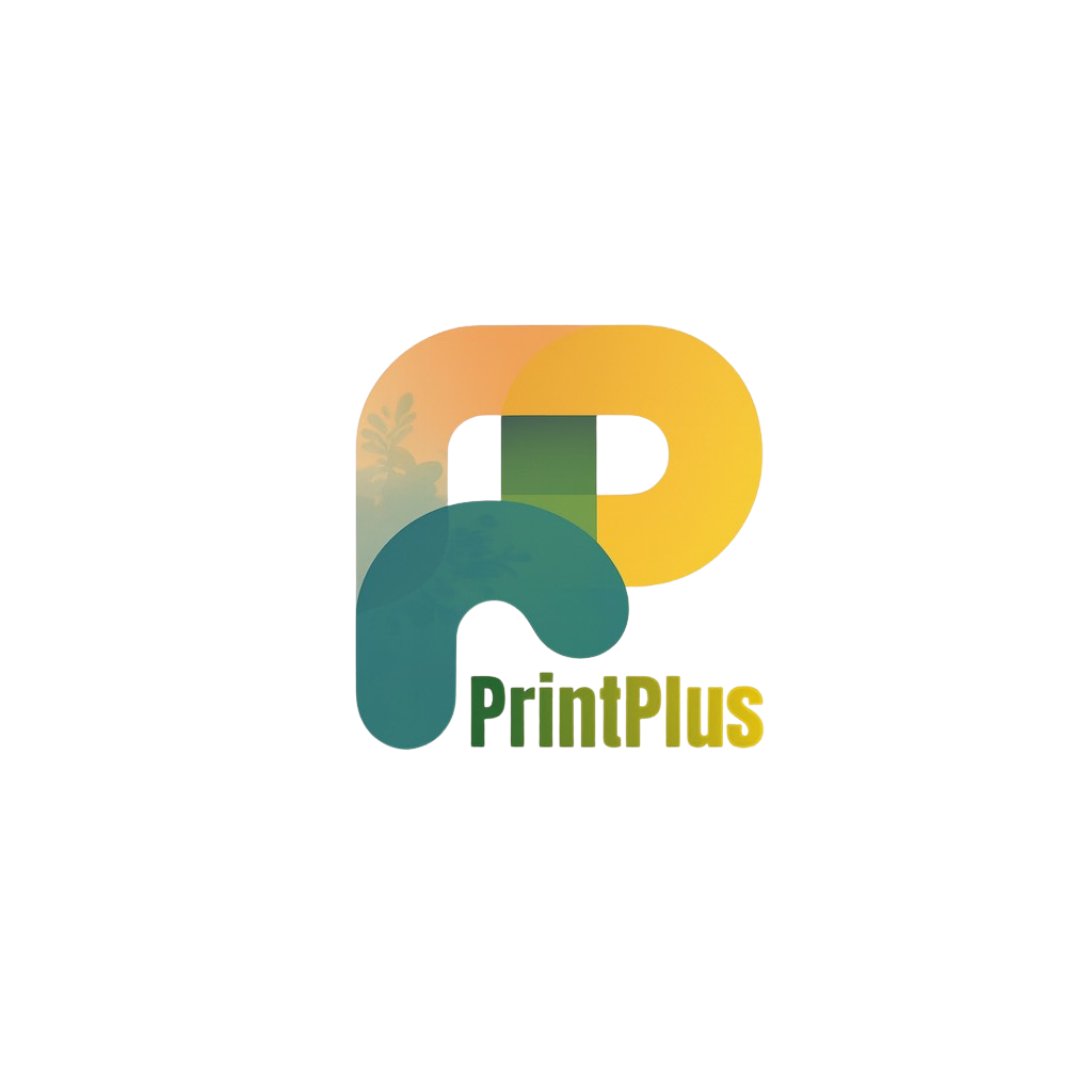 Logo for PrintPlus with overlapping shapes in green, yellow, and beige, and a background with foliage and soft colors.