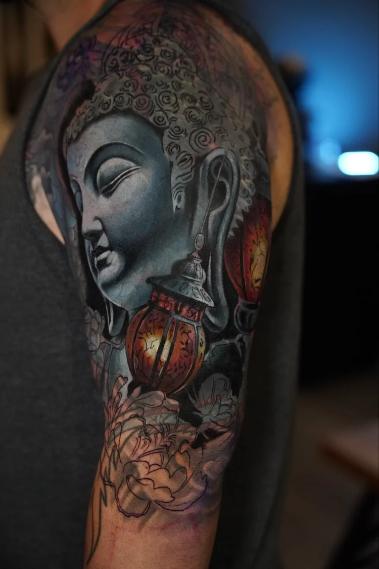Buddha and lantern shoulder cover-up after the first session of layer one.