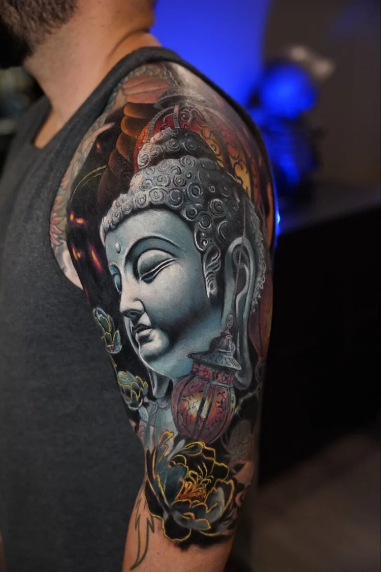 Buddha shoulder cover-up after two consecutive sessions completing the first layer.