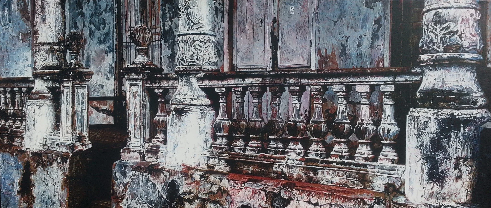 Acrylic painting by Yorlandi Fabregas of a weathered Cuban facade, with ornate columns, balustrades and peeling blue-gray walls.