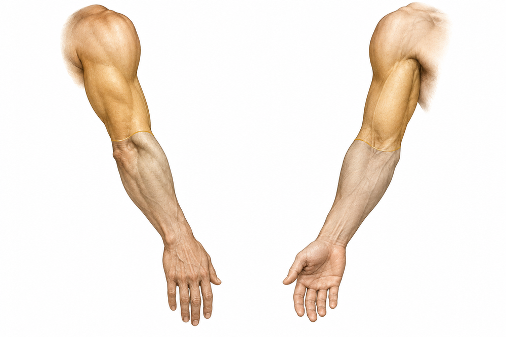Outer and inner arm views divided into four tattoo sleeve panels: outer upper arm, outer forearm, inner upper arm and inner forearm.