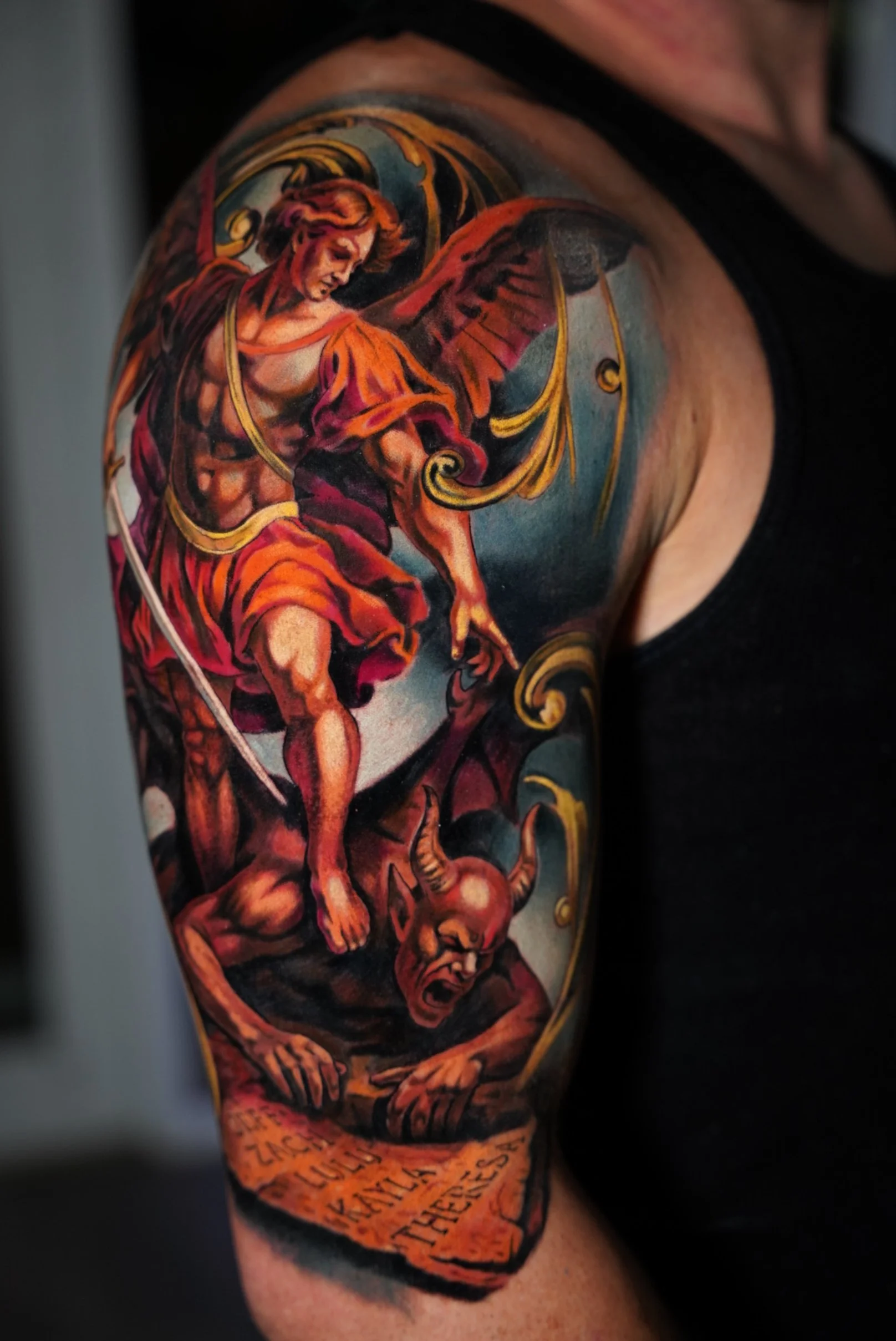Color realism tattoo with classical and mythological elements.
Custom composition created for a large-scale project.