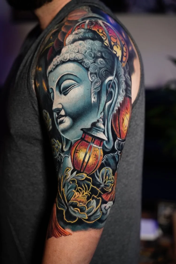 Buddha shoulder cover-up after session three, adding the second layer over healed skin.