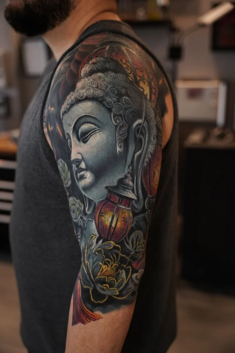 Buddha shoulder cover-up healed about two months after the second layer.
