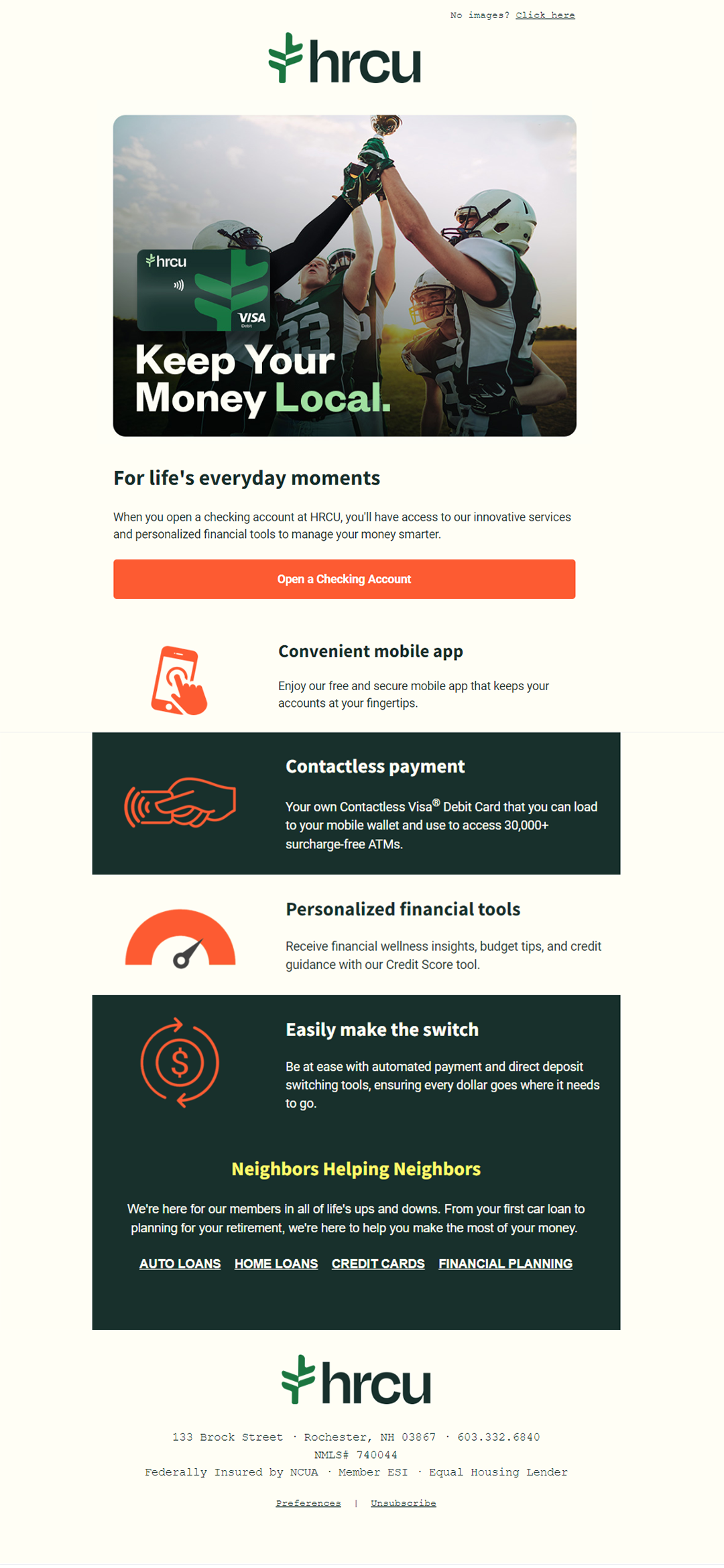 HRCU bank promotional flyer featuring a football team celebrating, offering banking services like checking accounts, mobile app, contactless payment, financial tools, and loans.