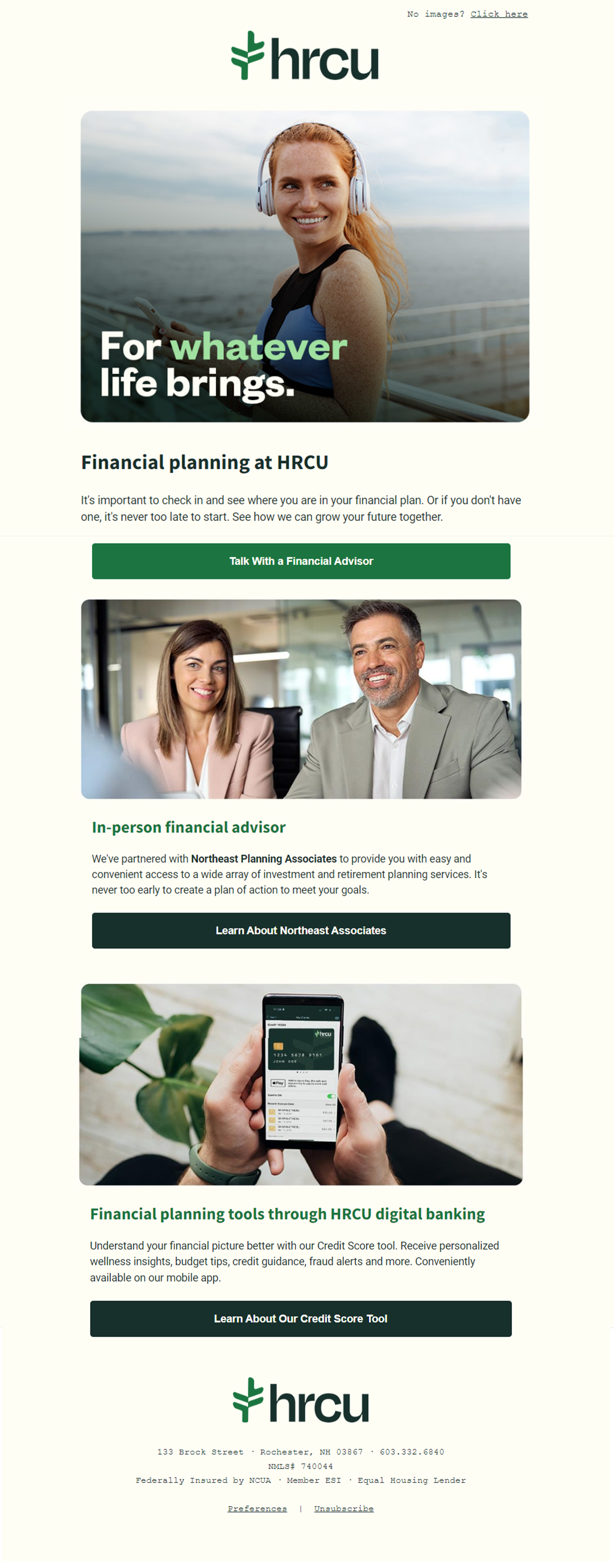 HRCU financial services promotional webpage featuring a smiling woman with headphones, an in-person advisor in a meeting, and a smartphone displaying HRCU digital banking tools.