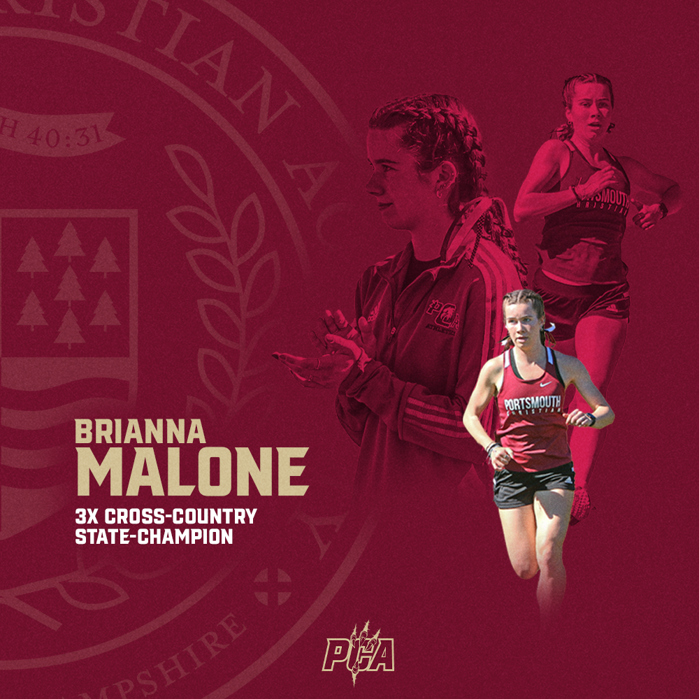 Collage of three images of Brianna Malone running in her cross-country uniform, with the text "Brianna Malone, 3x Cross-Country State-Champion" and the PICA logo in the bottom corner.