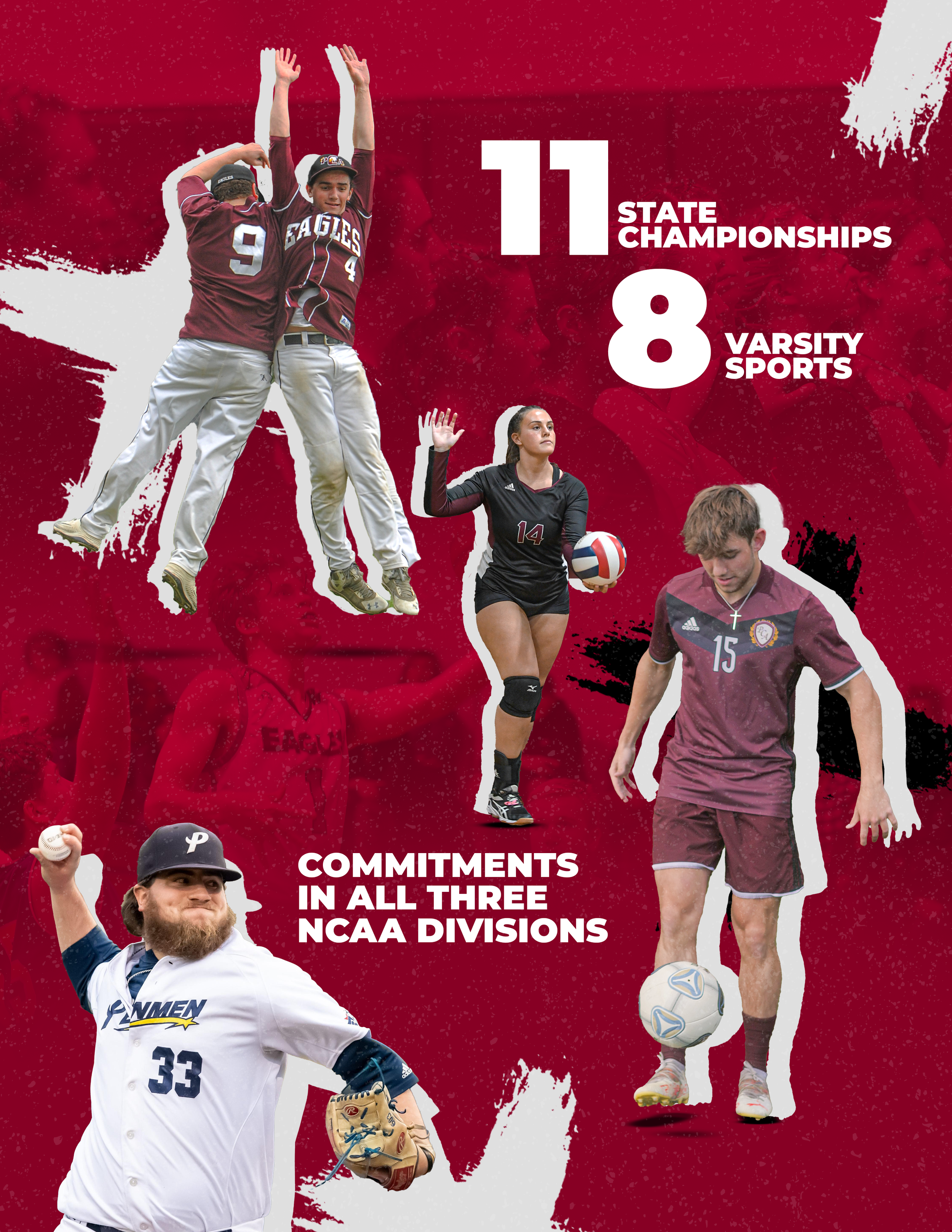 A collage of athletes participating in various sports with text highlighting achievements: 11 state championships and 8 varsity sports, along with a message about commitments in all three NCAA divisions.