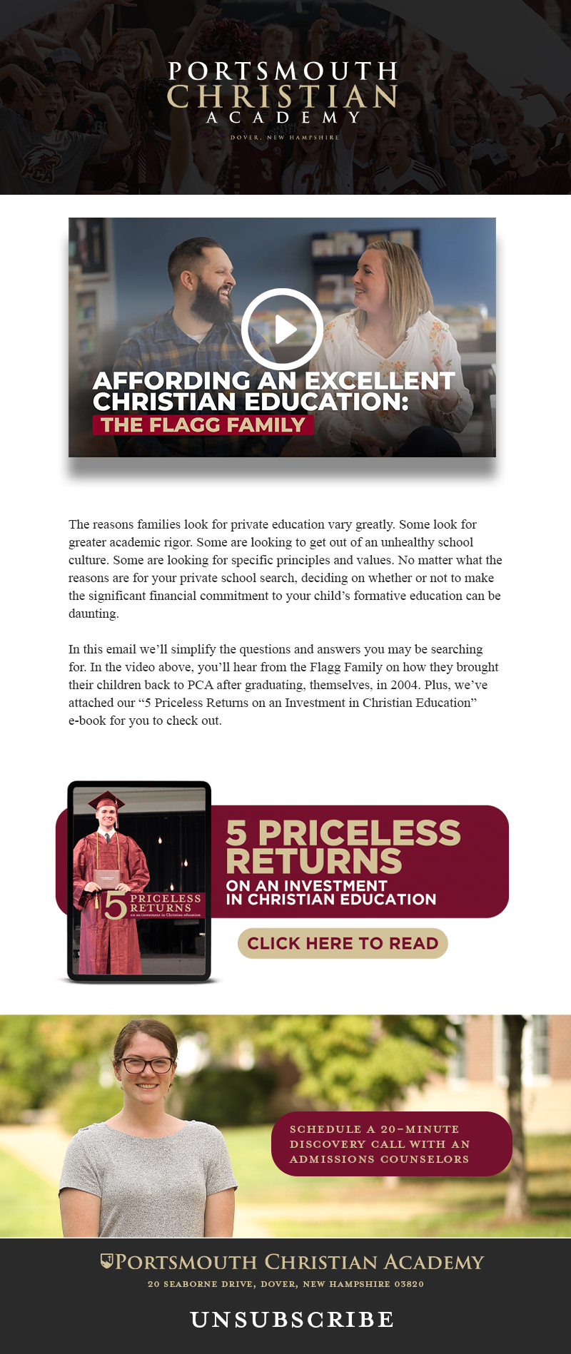 Web page for Portsmouth Christian Academy featuring a group of smiling students with raised hands, a video thumbnail of a smiling couple, an advertisement for a Christian education investment report, an image of a young woman outdoors, and contact in