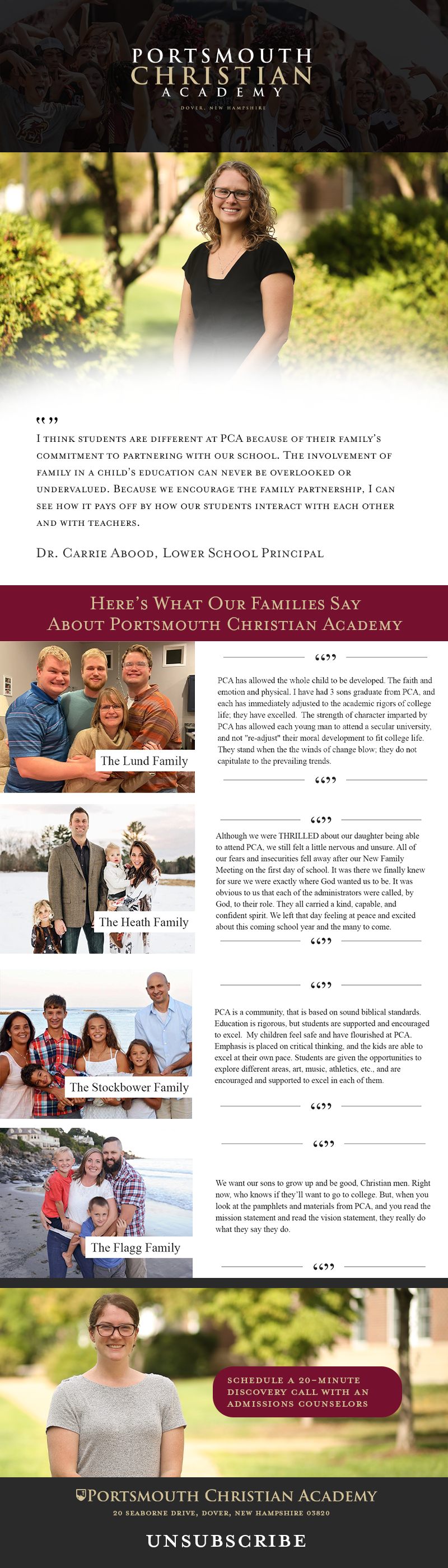An informational poster for Portsmouth Christian Academy featuring photos of smiling students and families, quotes about the school's values, and details on scheduling a discovery call.