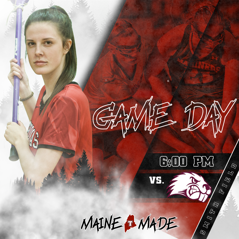 A young woman in a red sports jersey holding a lacrosse stick looking at the camera. The background includes a forest scene with trees, and the image is divided with a darker red section featuring a sports action image and the text 'GAME DAY.' It als