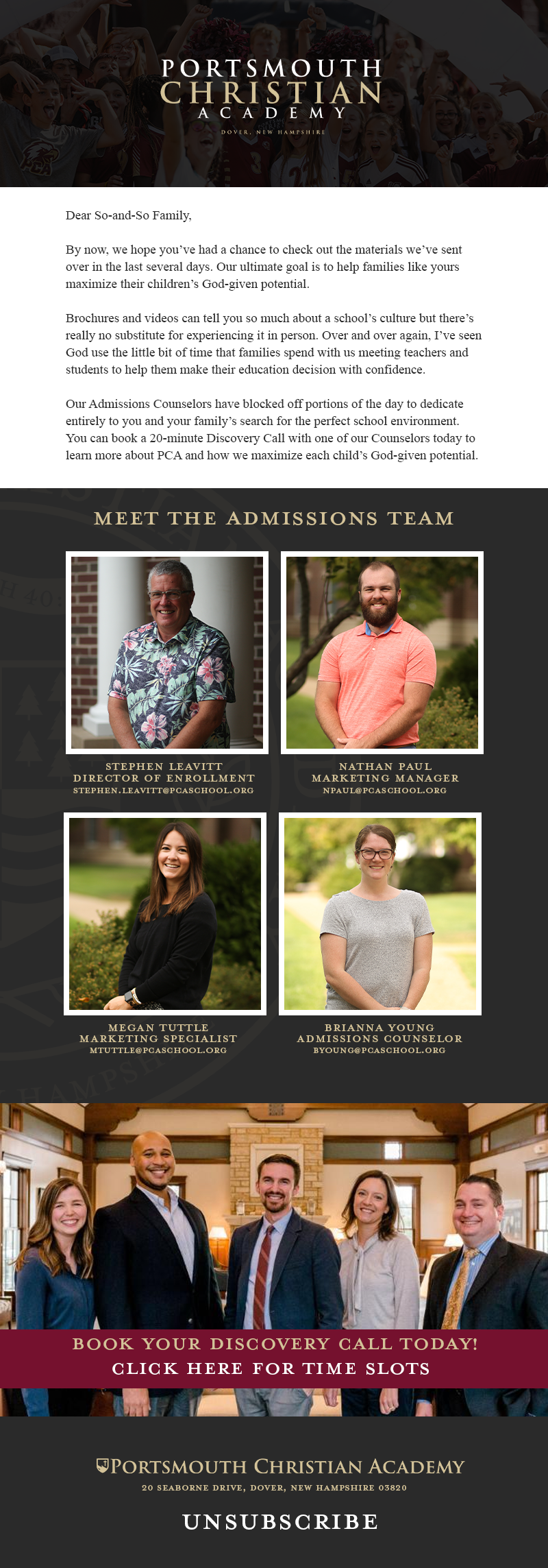 Lifetime members of the Portsmouth Christian Academy admissions team, including Director of Enrollment Stephen Leavitt, Marketing Manager Nathan Paul, Marketing Specialist Megan Tuttle, and Admissions Counselor Brianna Young, posing for group photos 