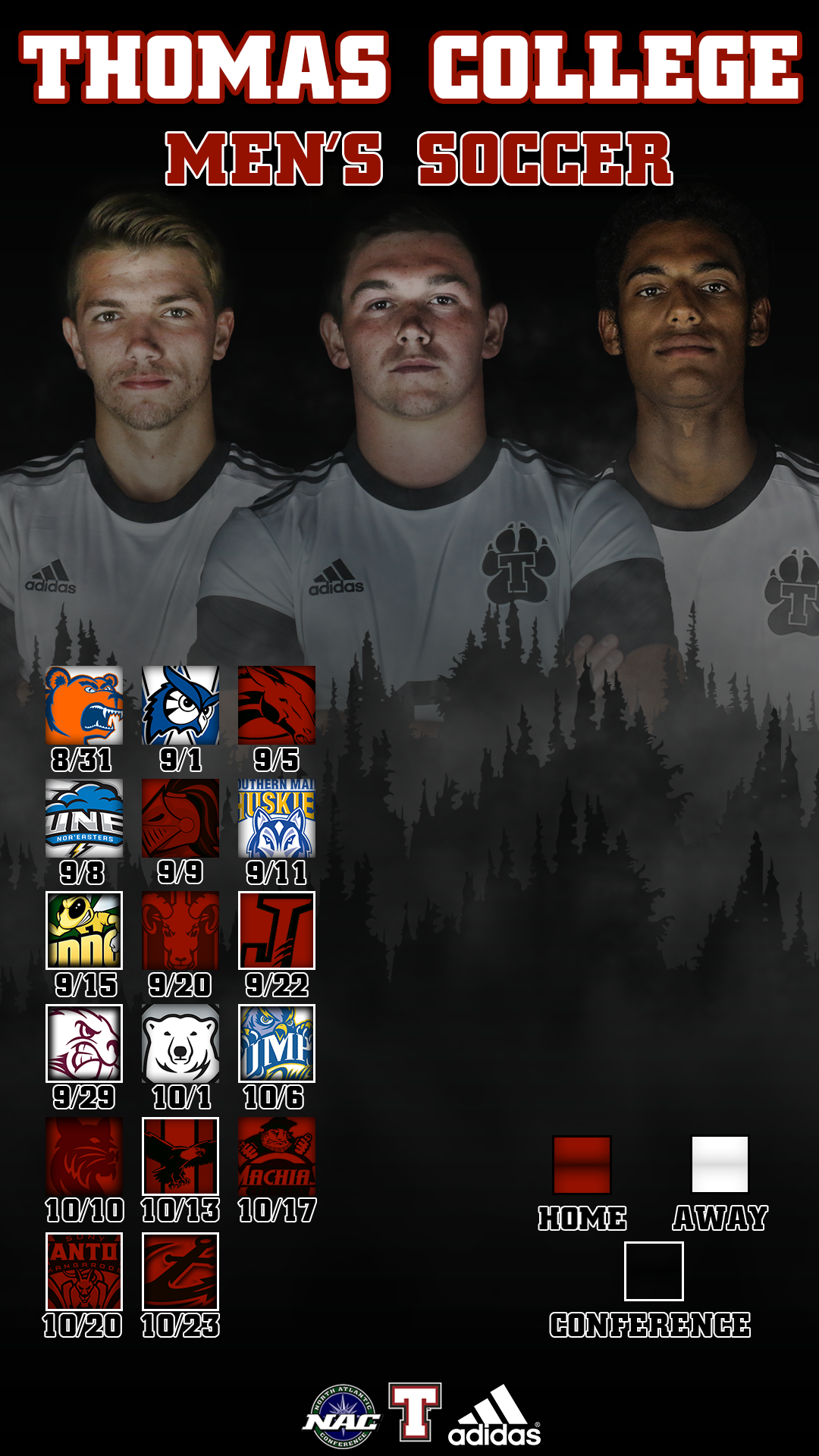 Thomas College men's soccer schedule with home and away match dates from August 31 to October 23, featuring team logos and photographs of three players in team uniforms.