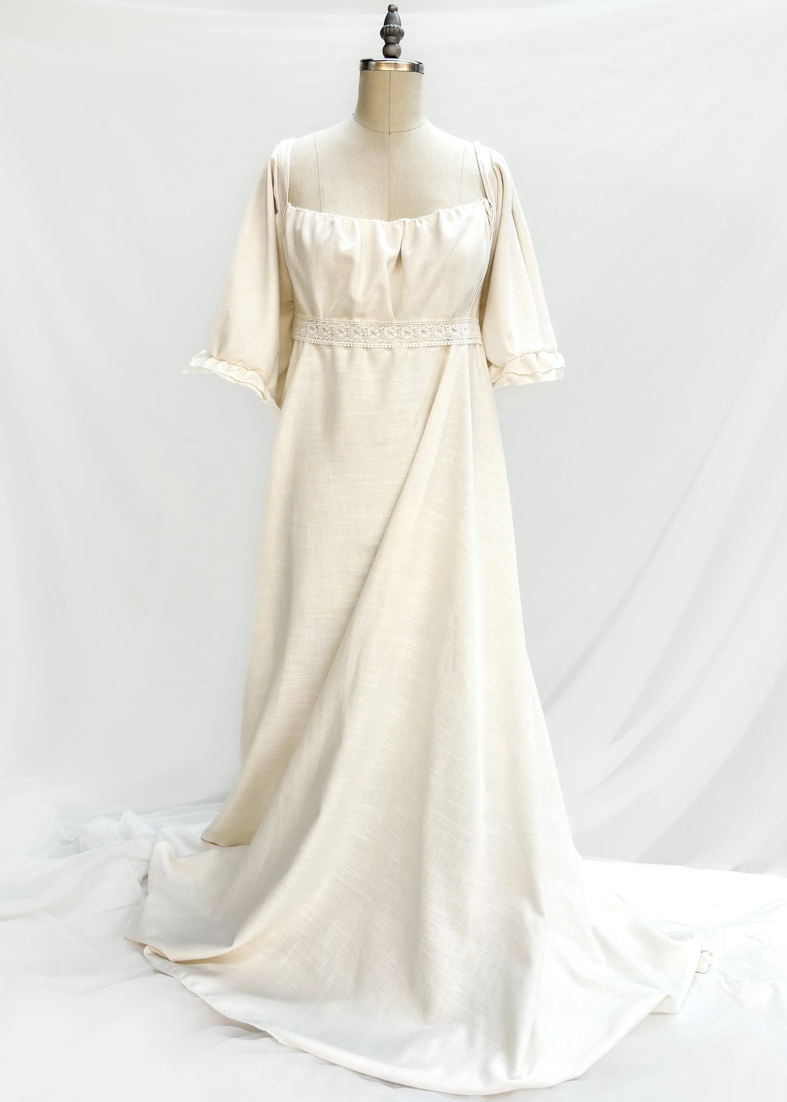 A personal project of draping and construction based on an 1812 cotton linen evening gown.
