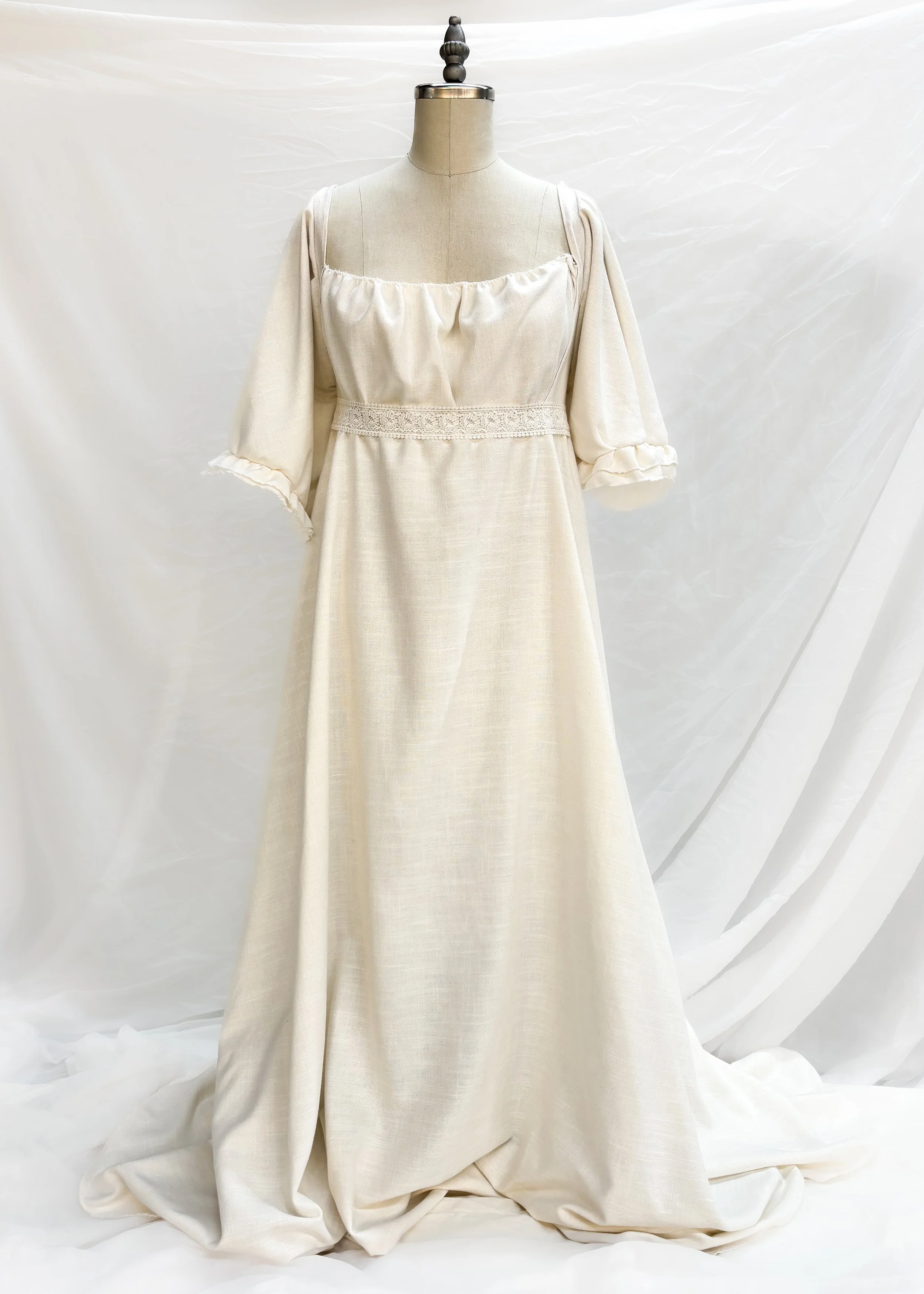 A personal project of draping and construction based on an 1812 cotton linen evening gown.