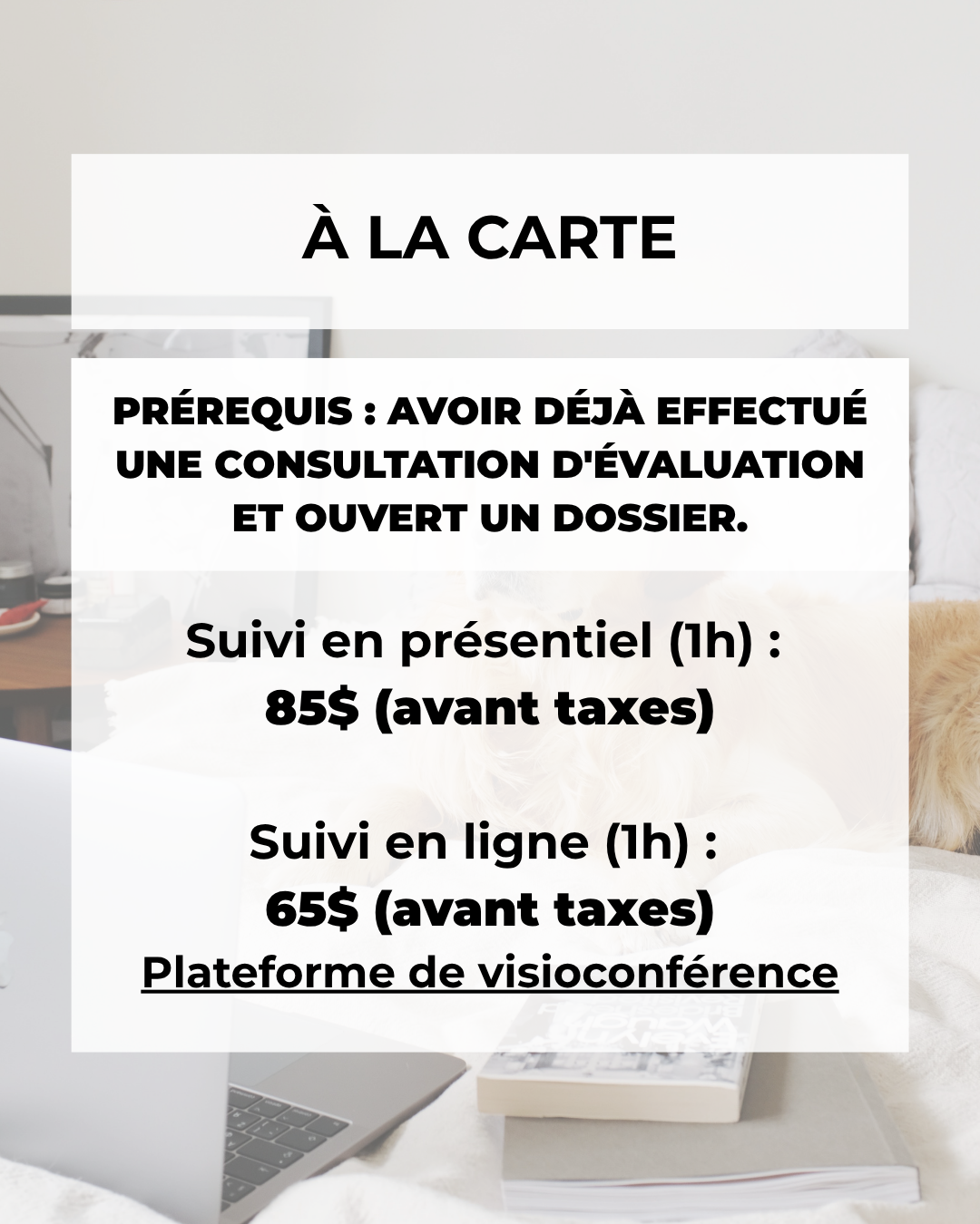 Affiche d'information sur une plateforme de réservation pour consultation d'évaluation, mentionnant les prérequis, prix pour suivi en présentiel et en ligne, et une plateforme de visioconférence.