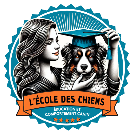 Logo d'une école pour chiens, affichant une femme avec des cheveux longs et une chienne avec un chapeau de diplômé, le texte en français "L'École des Chiens" et une bannière orange.
