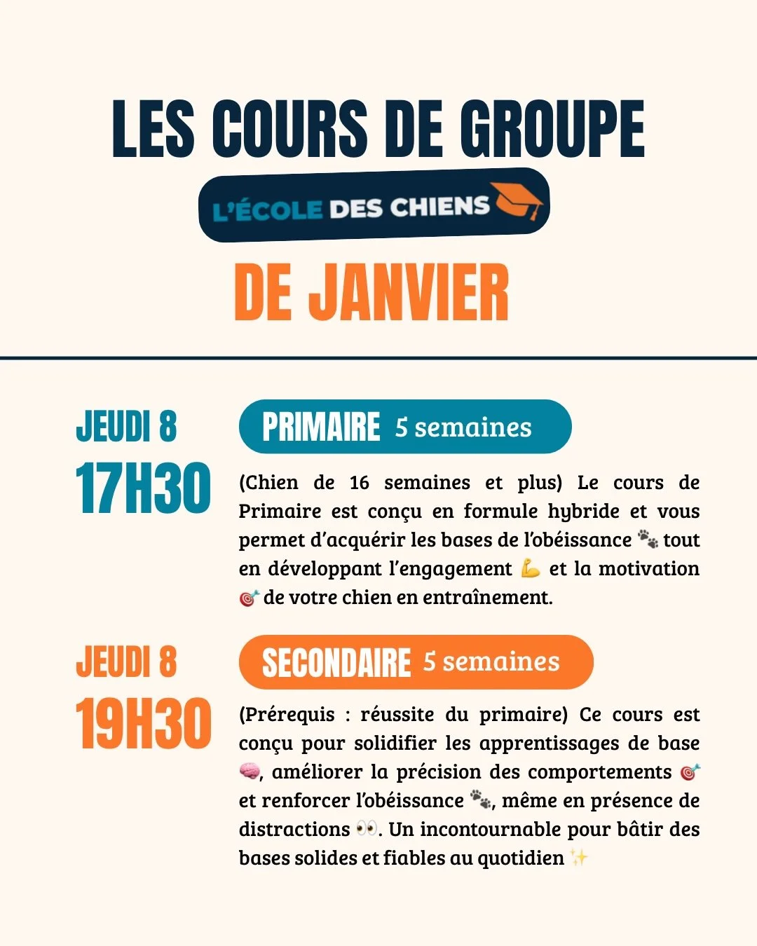 C&rsquo;est le temps de r&eacute;server ton cours de groupe &agrave; partir de janvier &agrave; L&rsquo;&eacute;cole des chiens! 🐶
🐾 Cours de base
🎓 Cours parascolaires

Pour les chiens et leurs humains qui veulent &eacute;voluer ensemble 💛

👉 R
