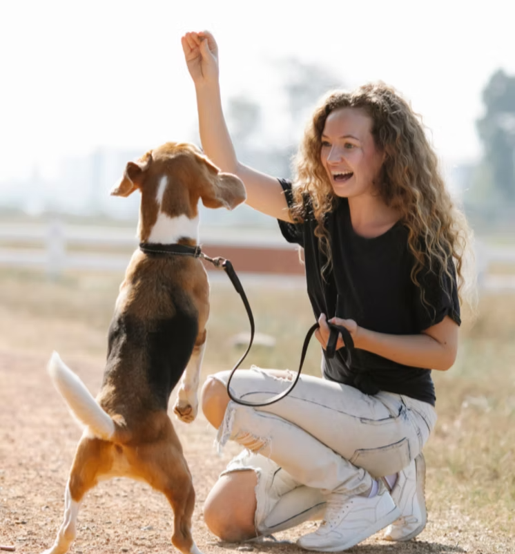Jeune femme avec un animal de compagnie, un chien, dans un espace extérieur, en train de jouer ou d'interagir avec le chien.