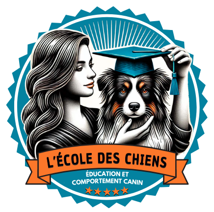 Logo d'une école pour chiens, avec une femme et un chien portant un chapeau de diplômé, et une bannière orange avec le texte "L'école des chiens".