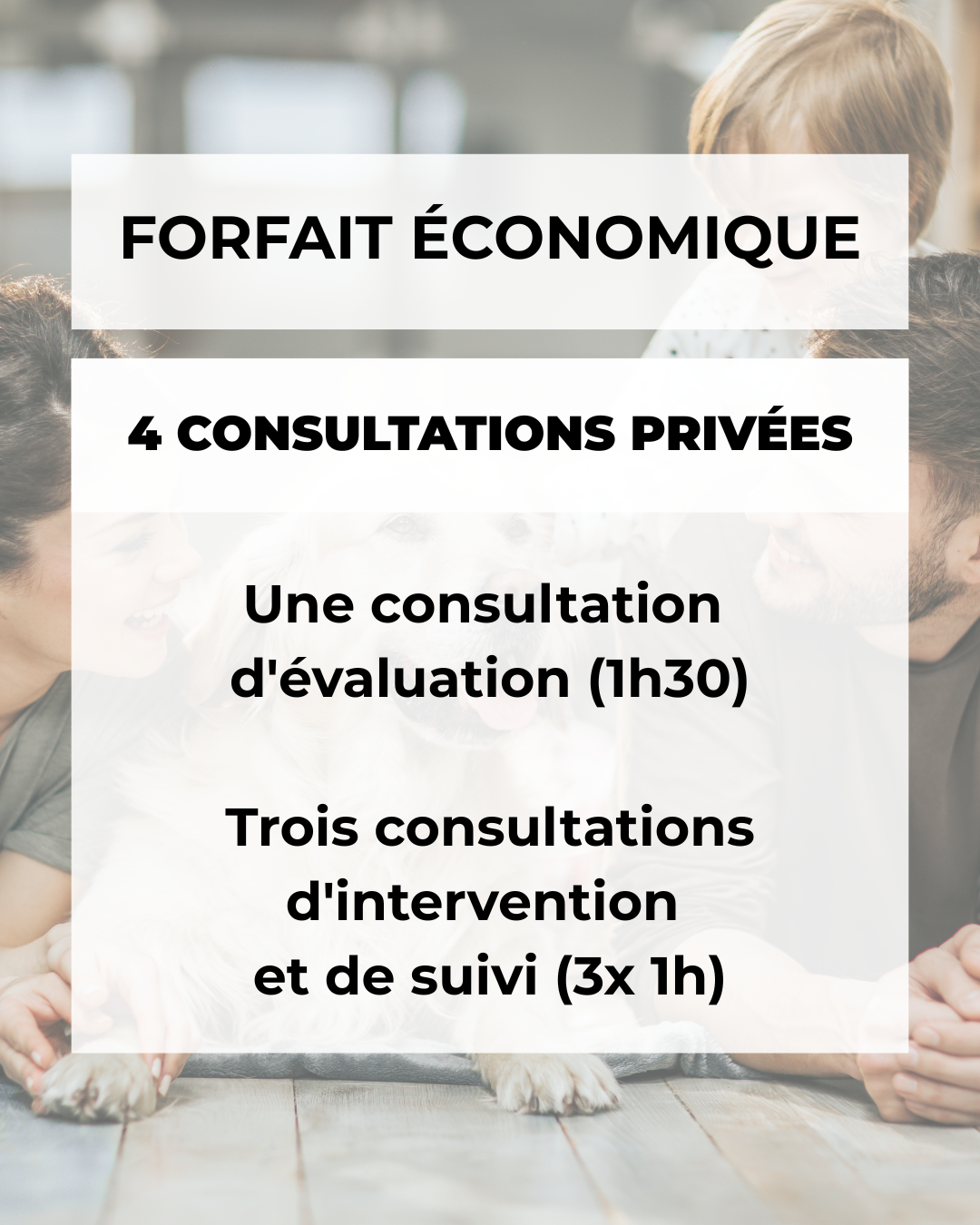 Affiche promotionnelle détaillant un forfait économique comprenant 4 consultations privées avec une évaluation de 1h30 et 3 interventions de suivi de 1h chacune, sur fond d'une réunion avec des personnes souriantes autour d'une table.