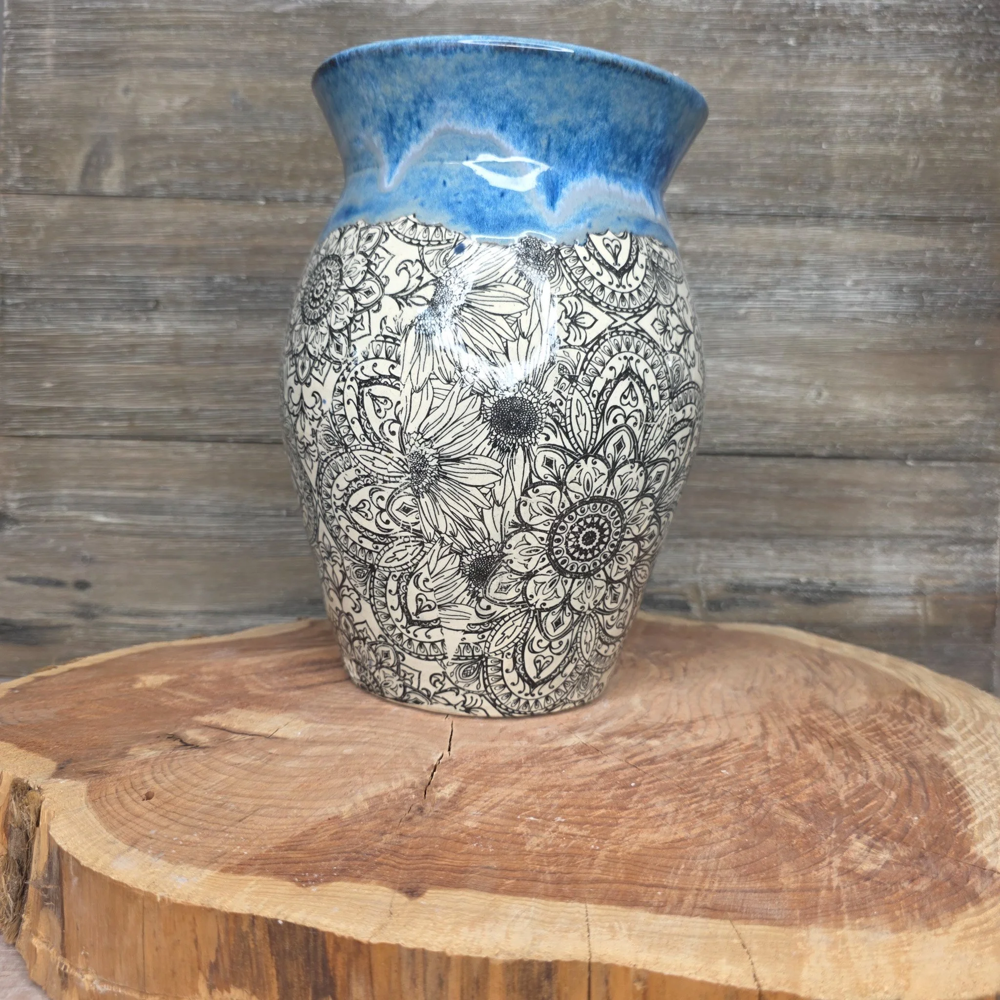Handcrafted Floral Large Vase with Blue Glaze